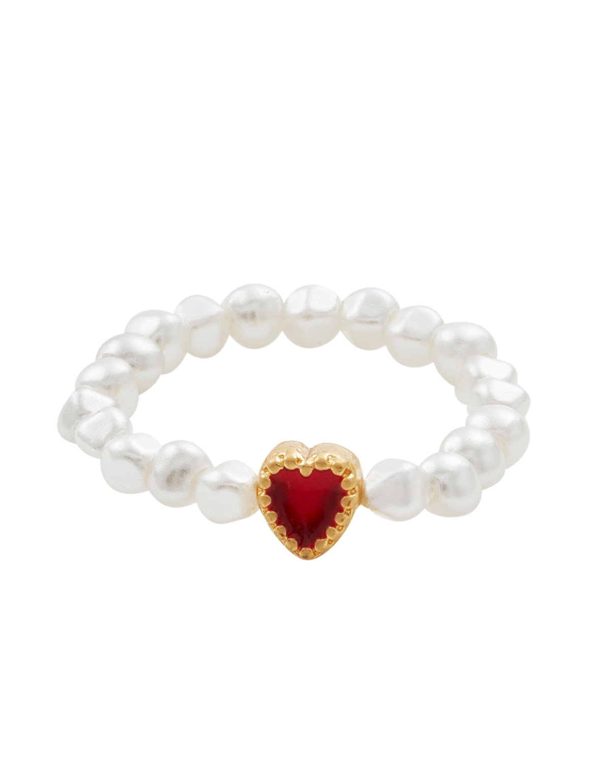 Pearl ring with a red heart charm on a white background