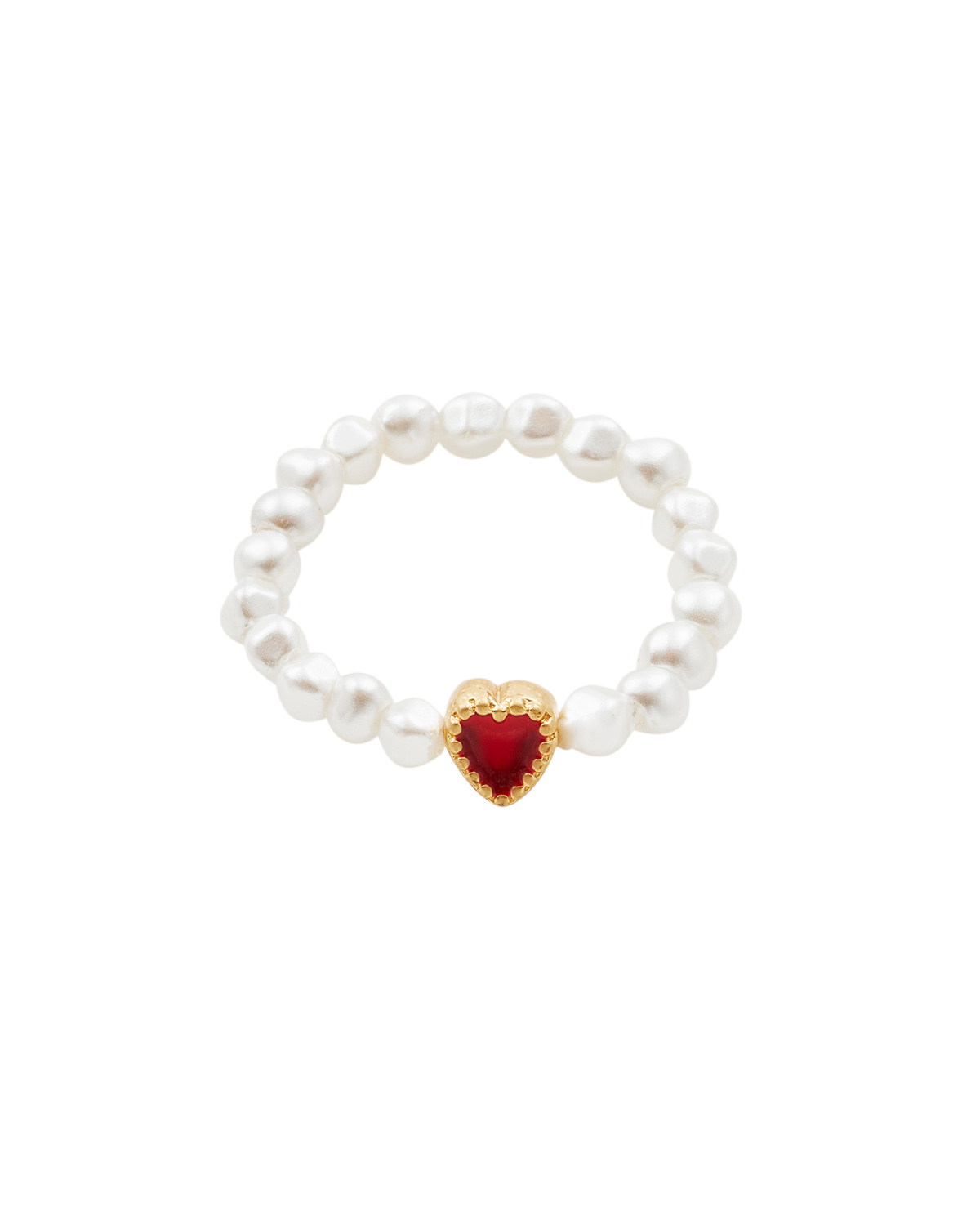 Pearl ring with a red heart charm on a white background
