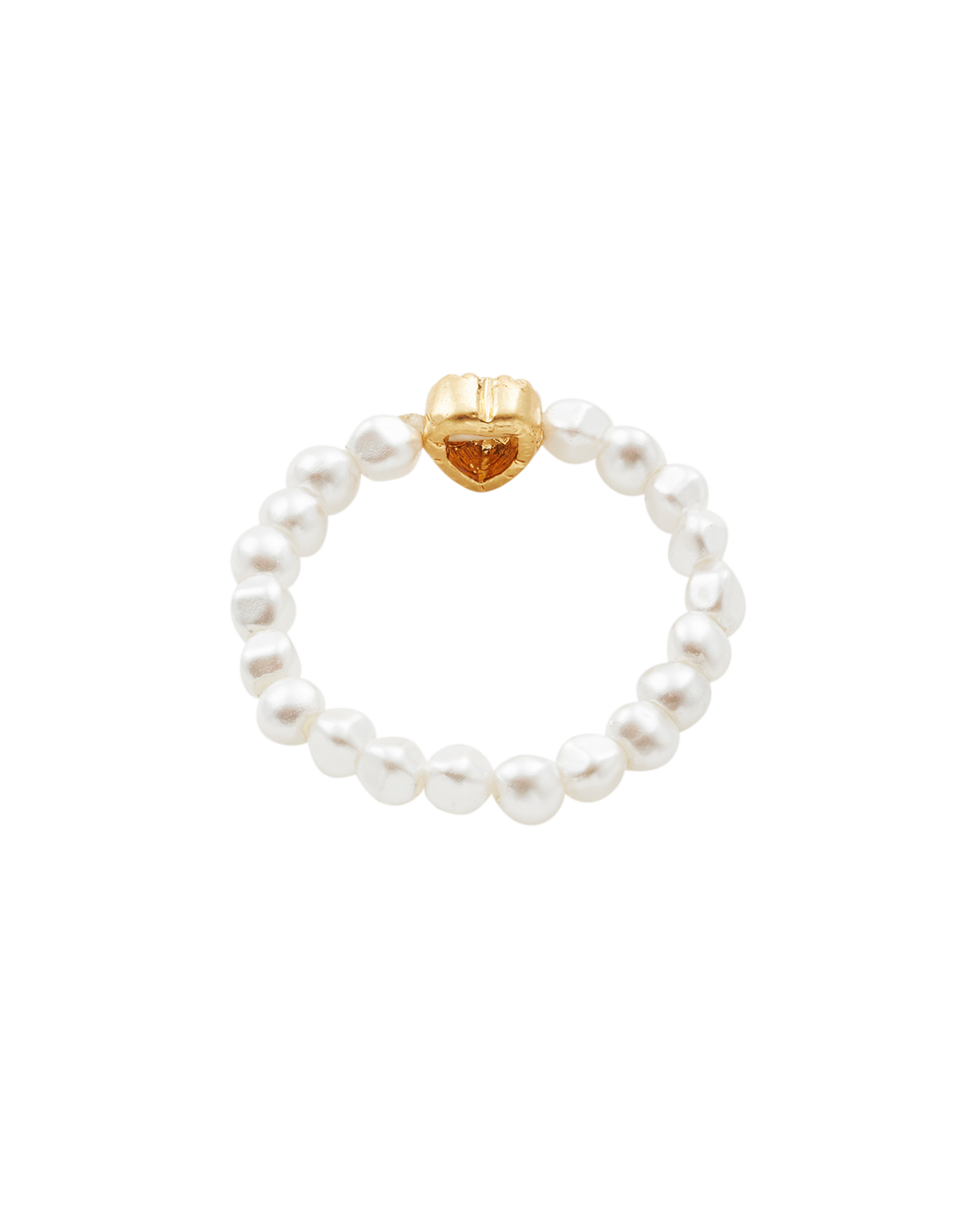Pearl bracelet with a gold heart charm on a white background