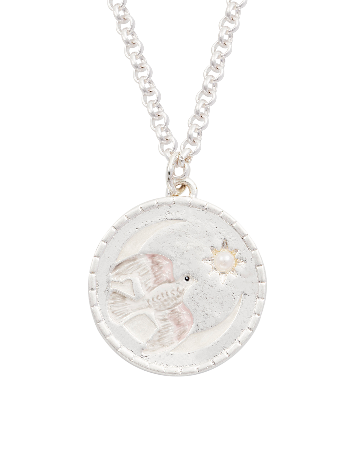 Necklace with a round pendant featuring an elephant design on a white background
