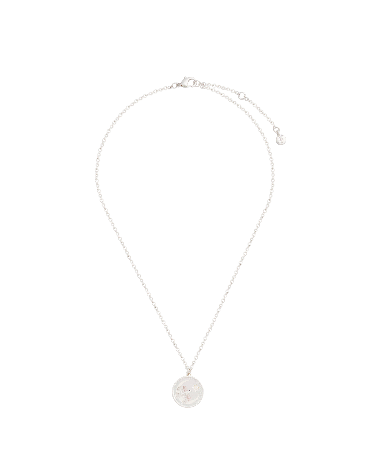 Silver necklace with a round pendant on a white background