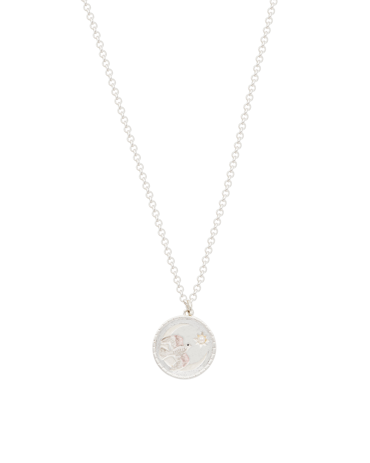 Silver necklace with a round pendant on a white background