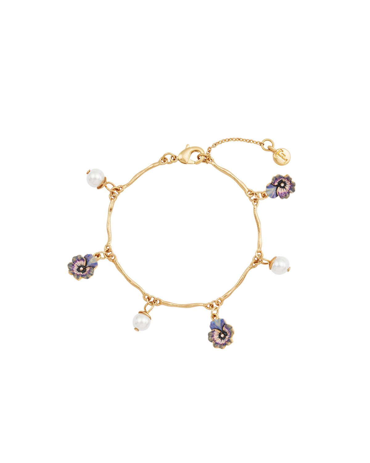 Gold bracelet with floral charms on a white background