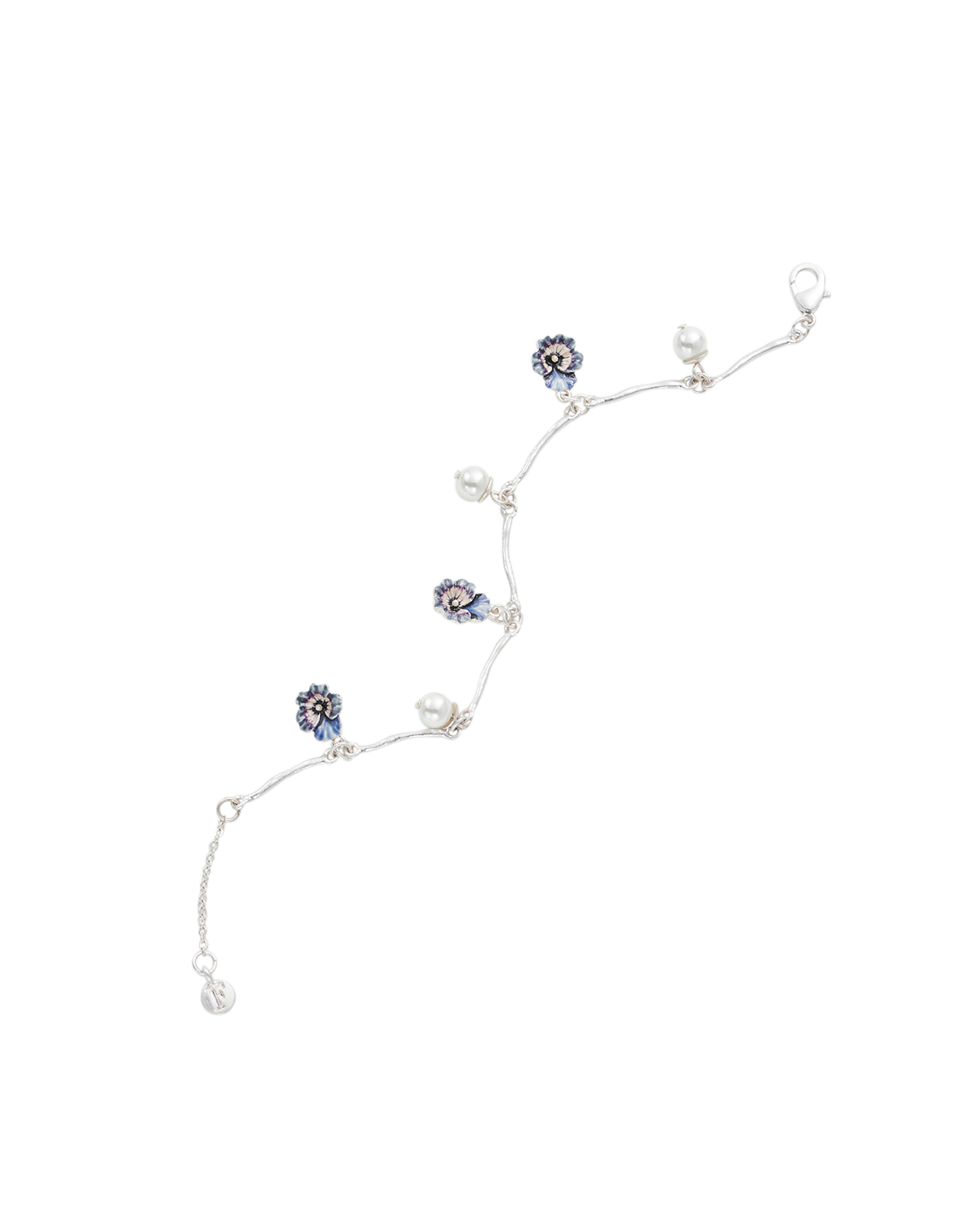 Delicate silver pearl and pansy charm bracelet on a white background