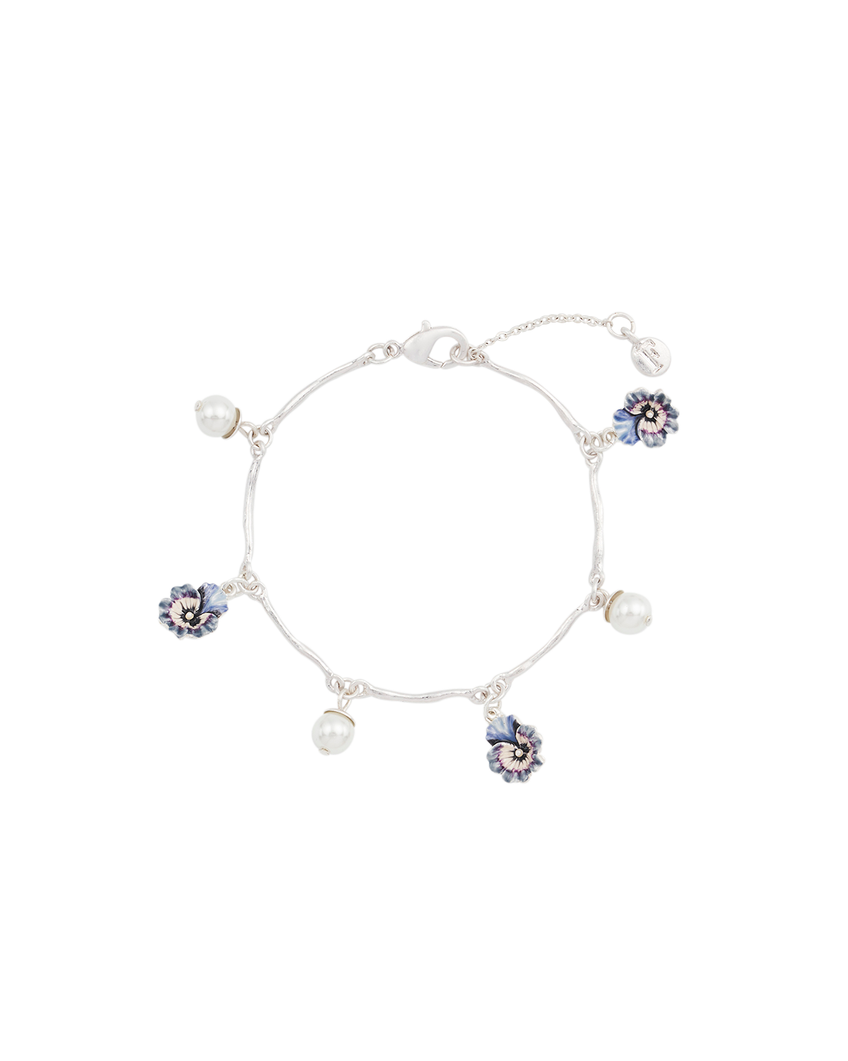 Silver bracelet with floral charms on a white background