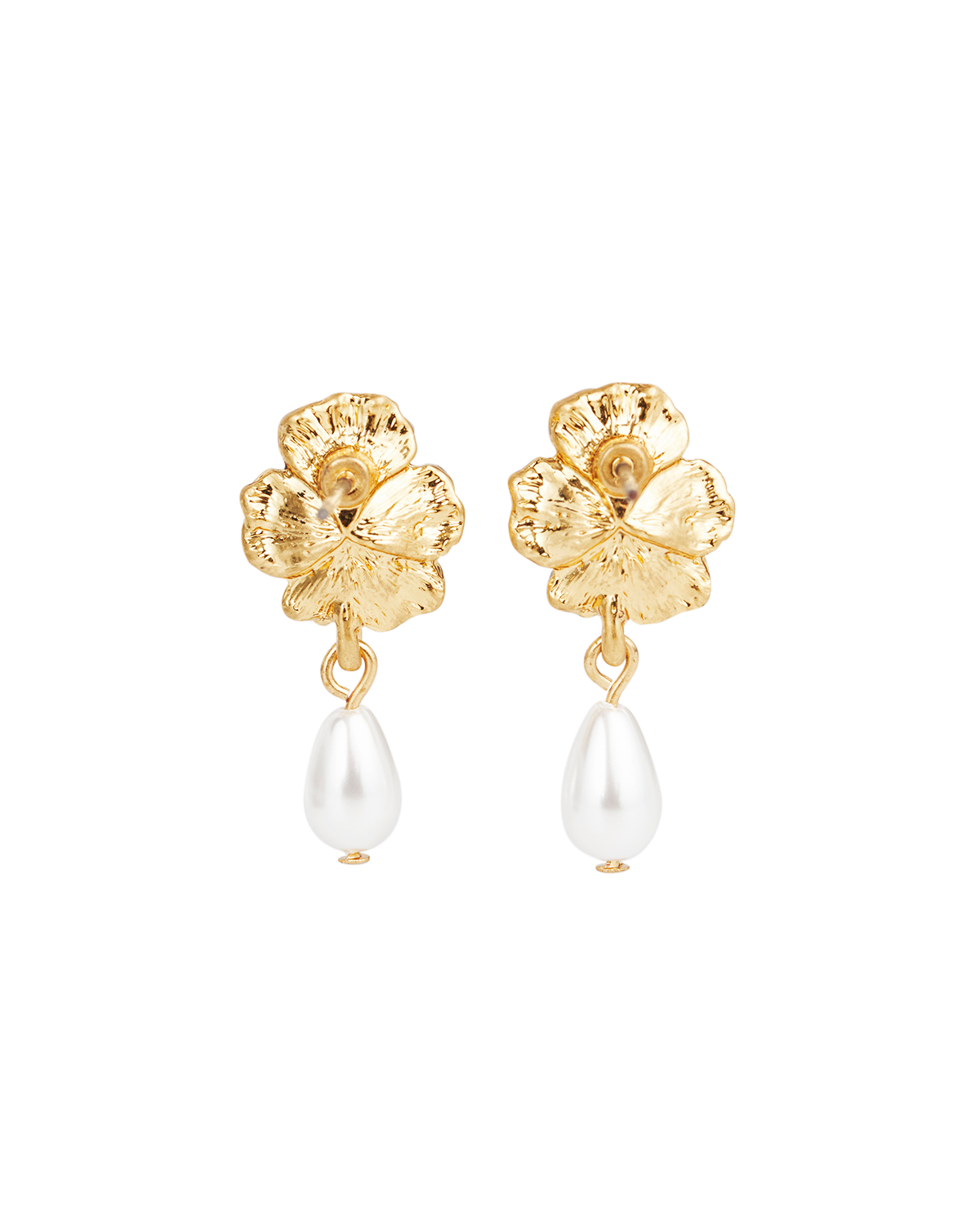 Gold floral earrings with pearl drops on a white background