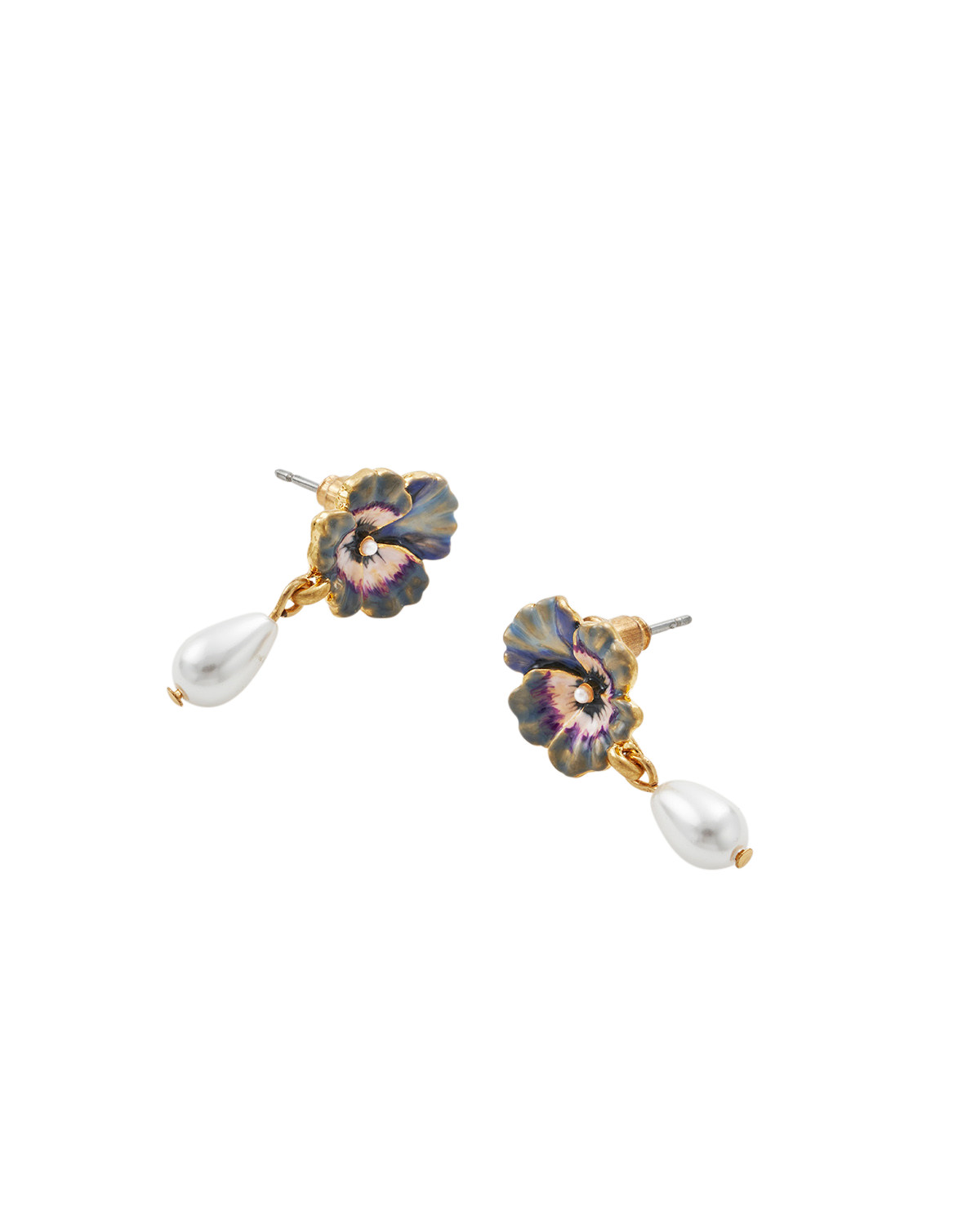 Pair of floral earrings with gold accents on a white background