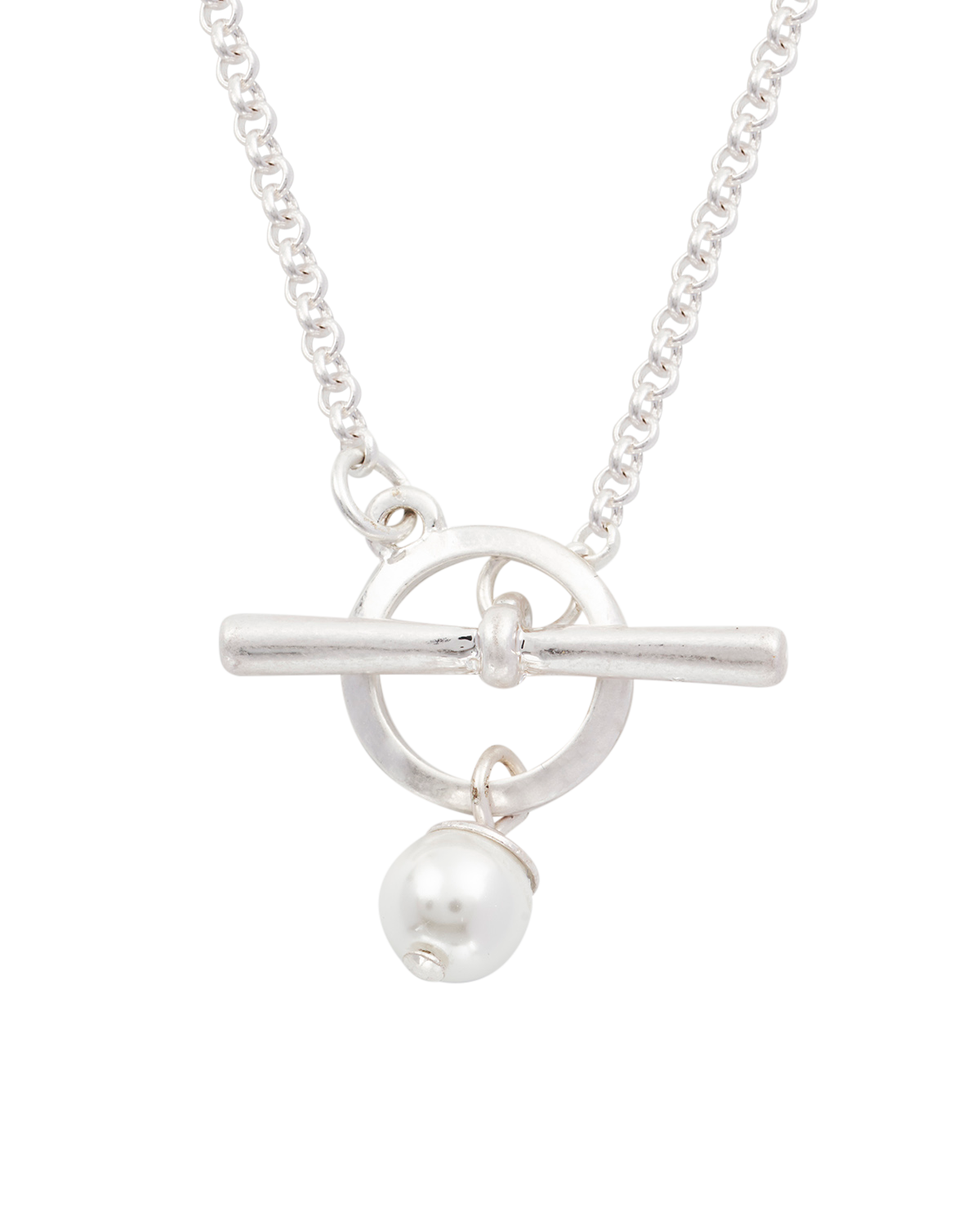 Silver necklace with a round pendant and a pearl charm on a white background