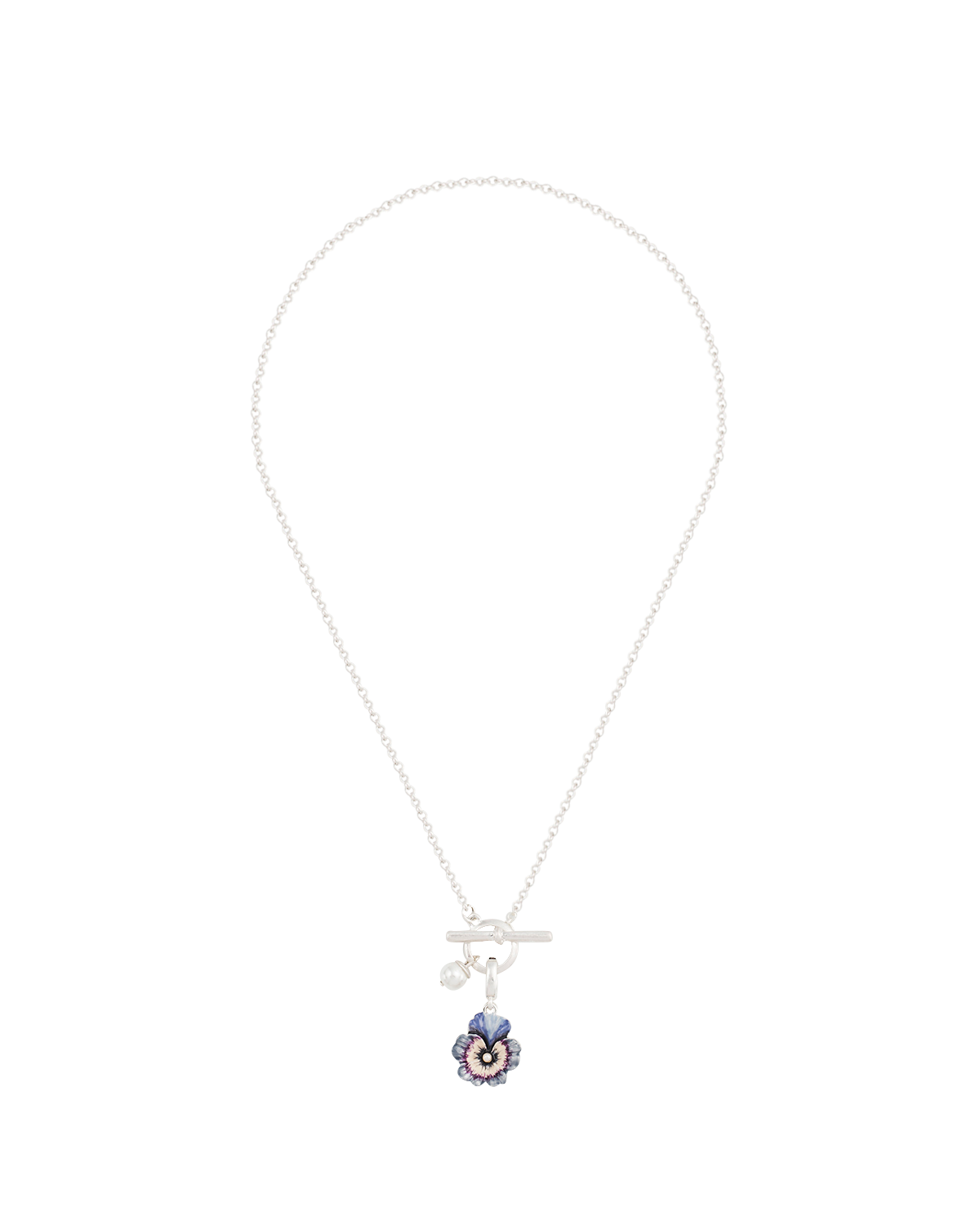 Silver Pansy & Pearl Toggle Necklace & Charm Bracelet Set