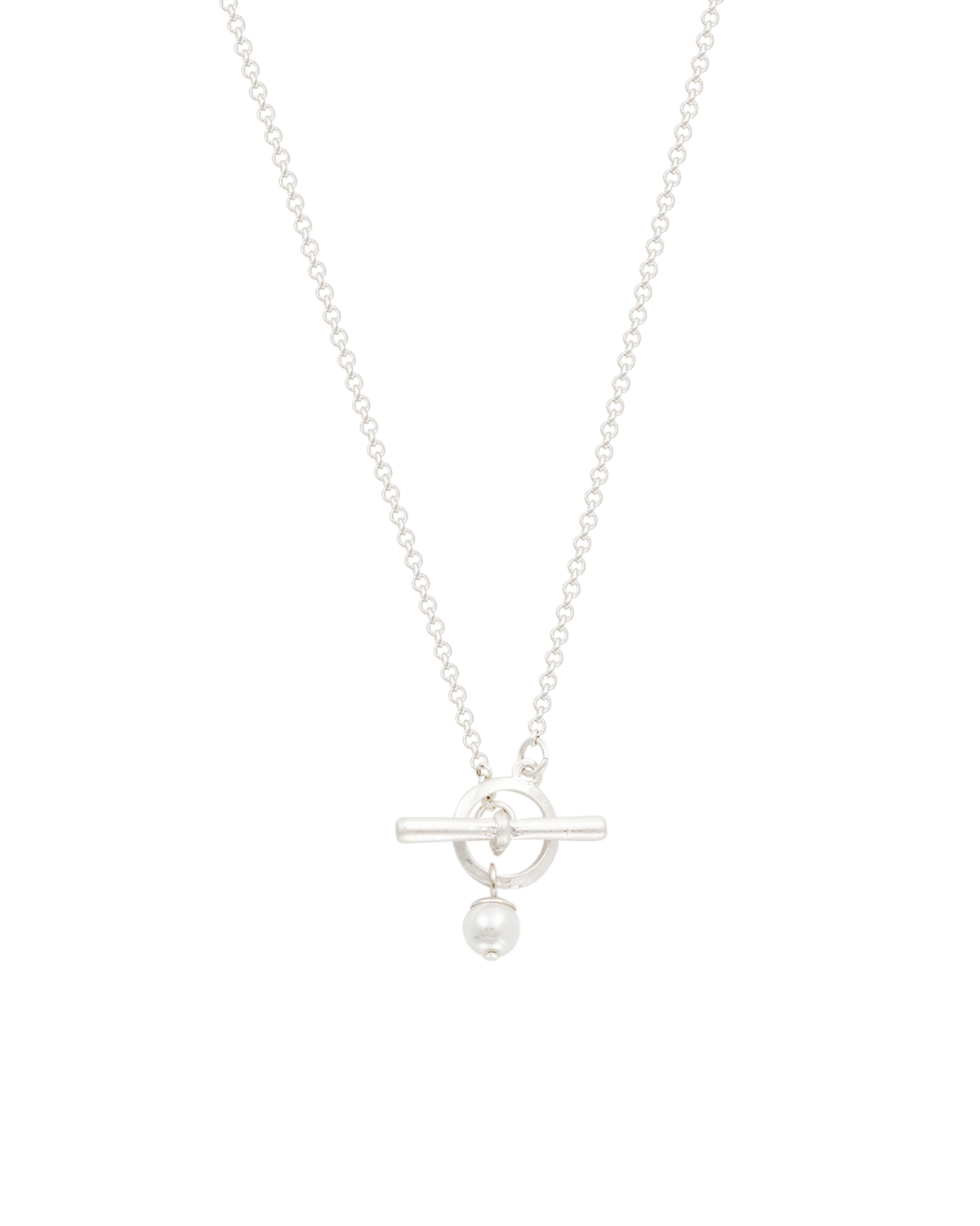 Silver necklace with a small pendant on a white background
