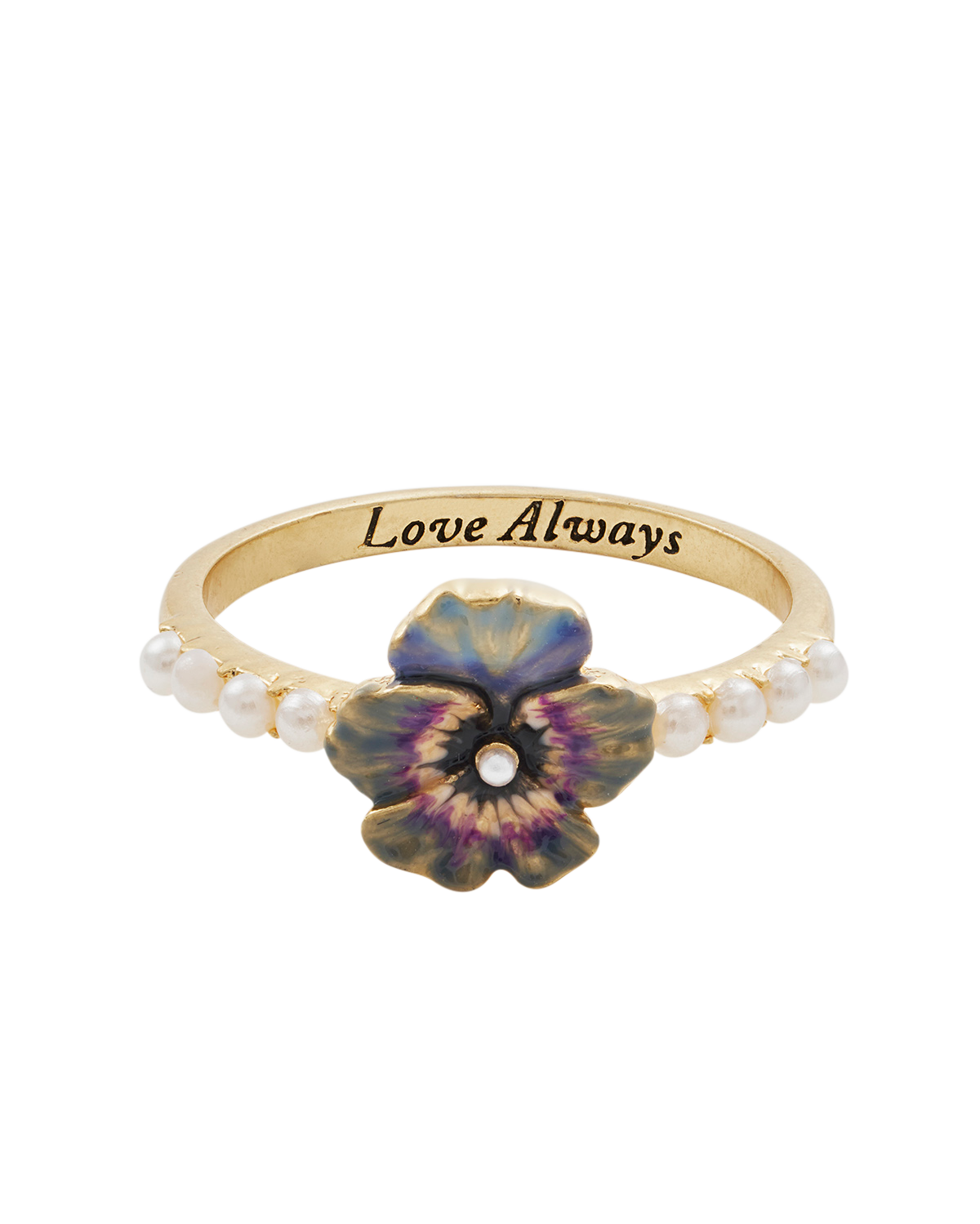 Gold ring with a flower and pearl design on a white background