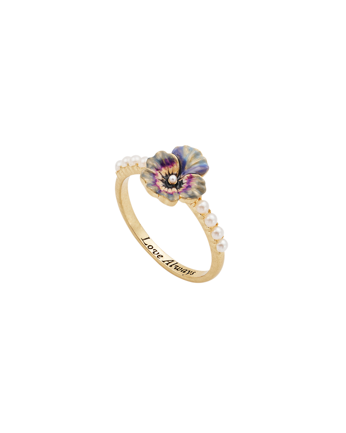 Ring with a colorful flower design and 'Love Always' text on a white background