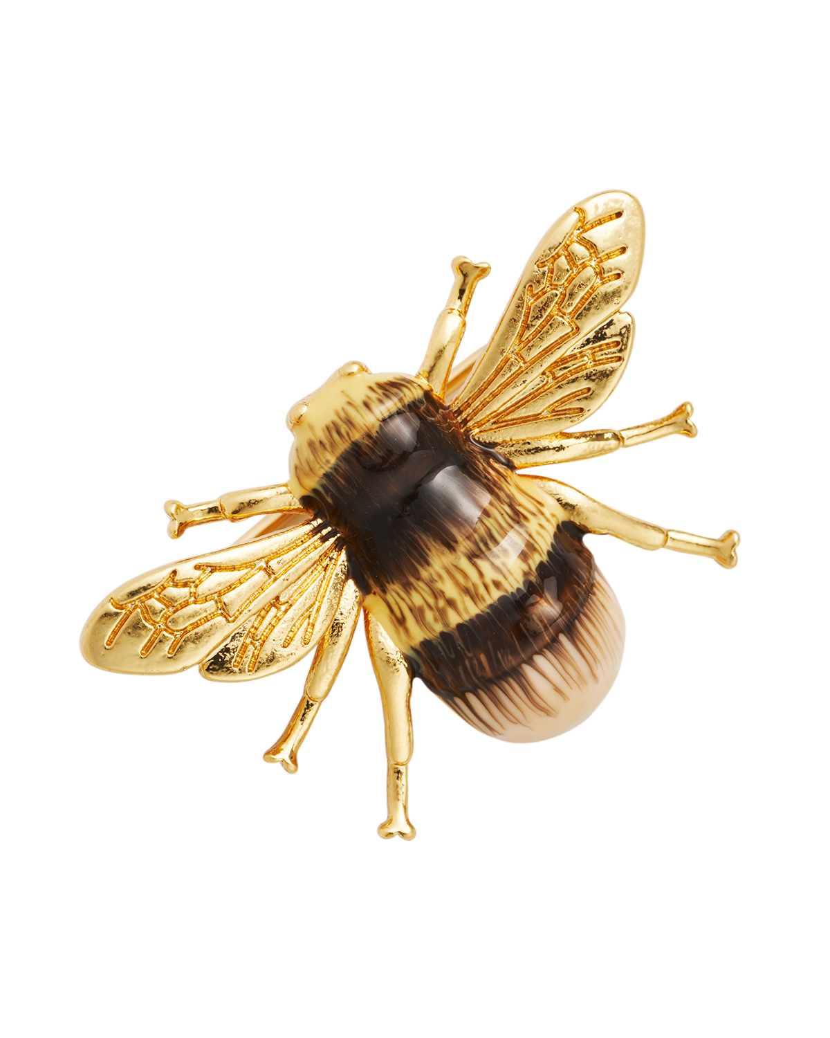 Gold bee-shaped brooch on a white background