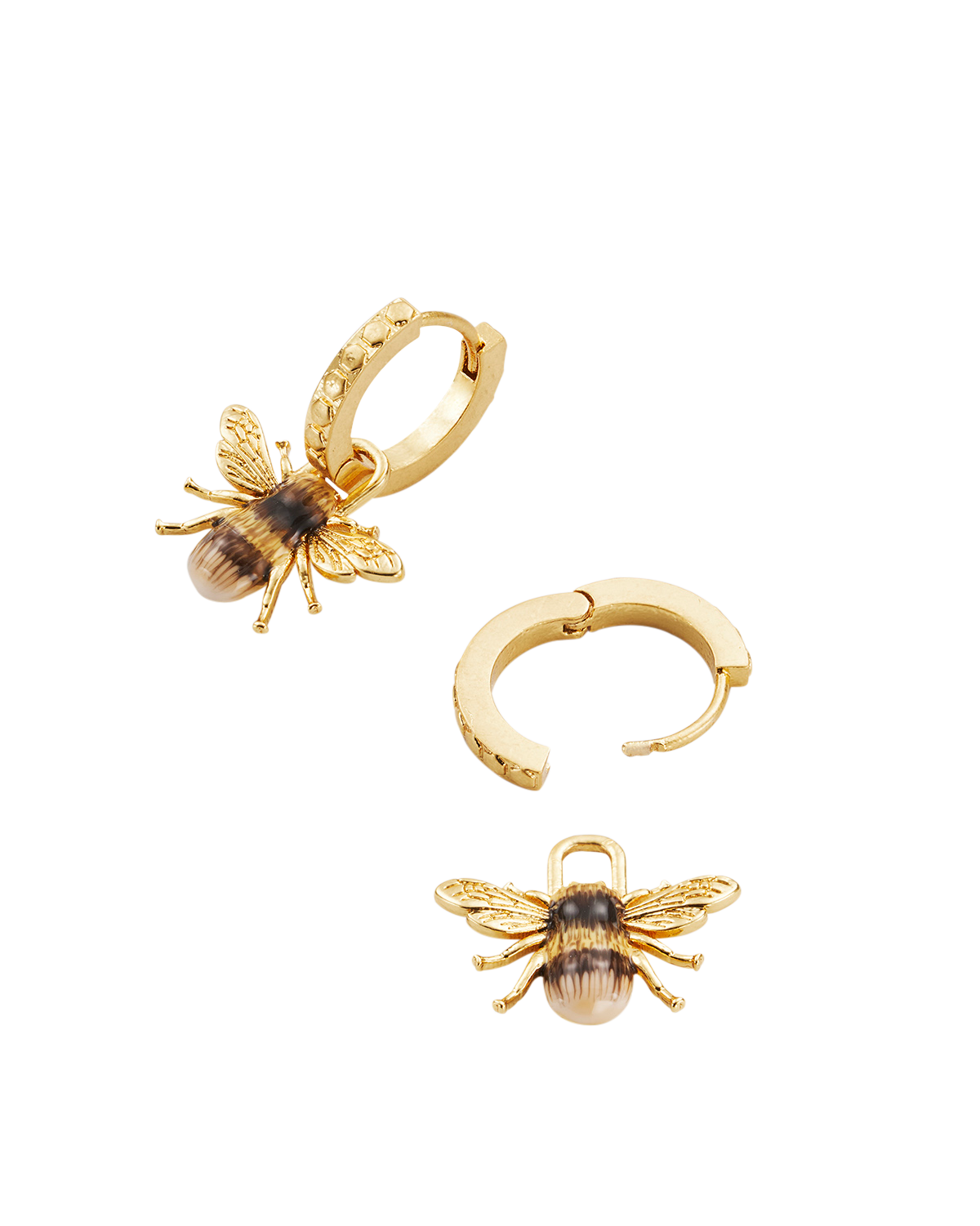 Gold Tone Enamel Honey Bee Huggie Earrings