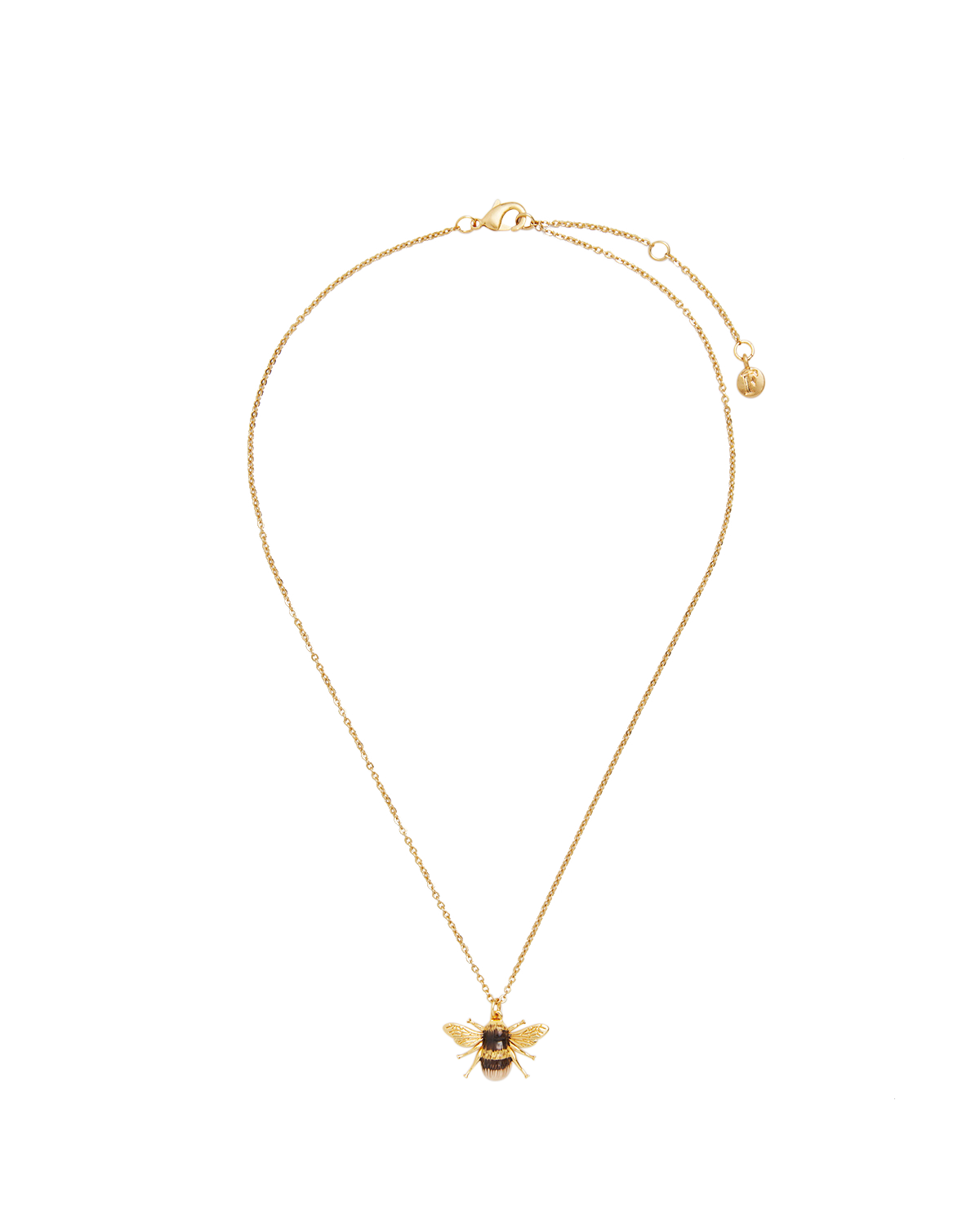 Gold necklace with a bee pendant on a white background