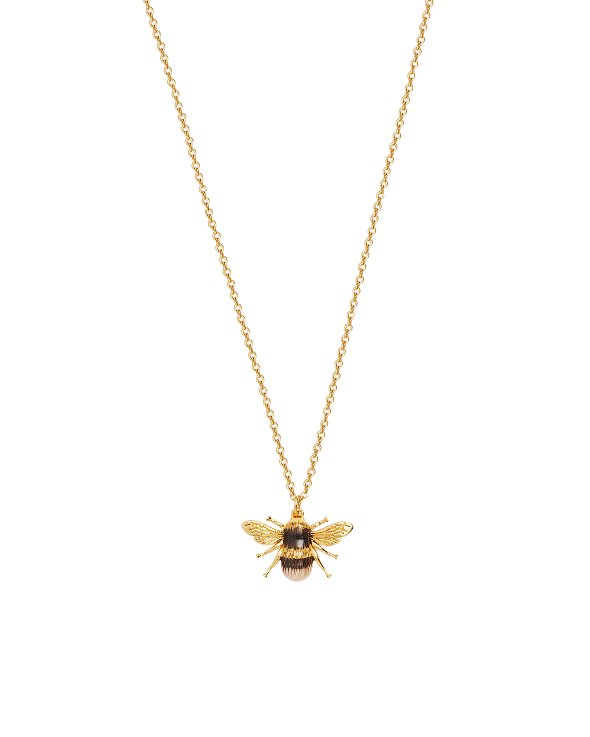 Gold bee necklace on a white background
