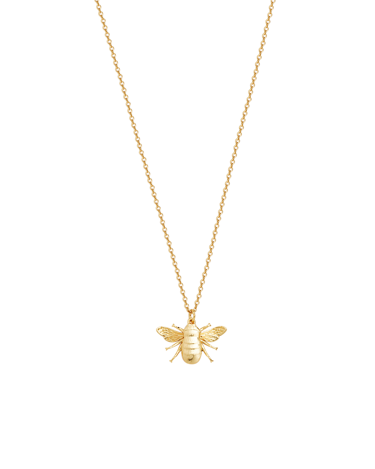 Gold bee necklace on a white background