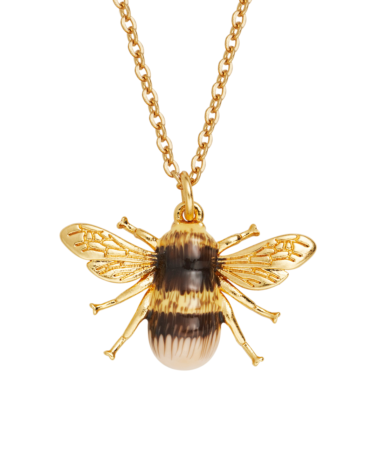 Gold bee-shaped pendant on a chain against a white background