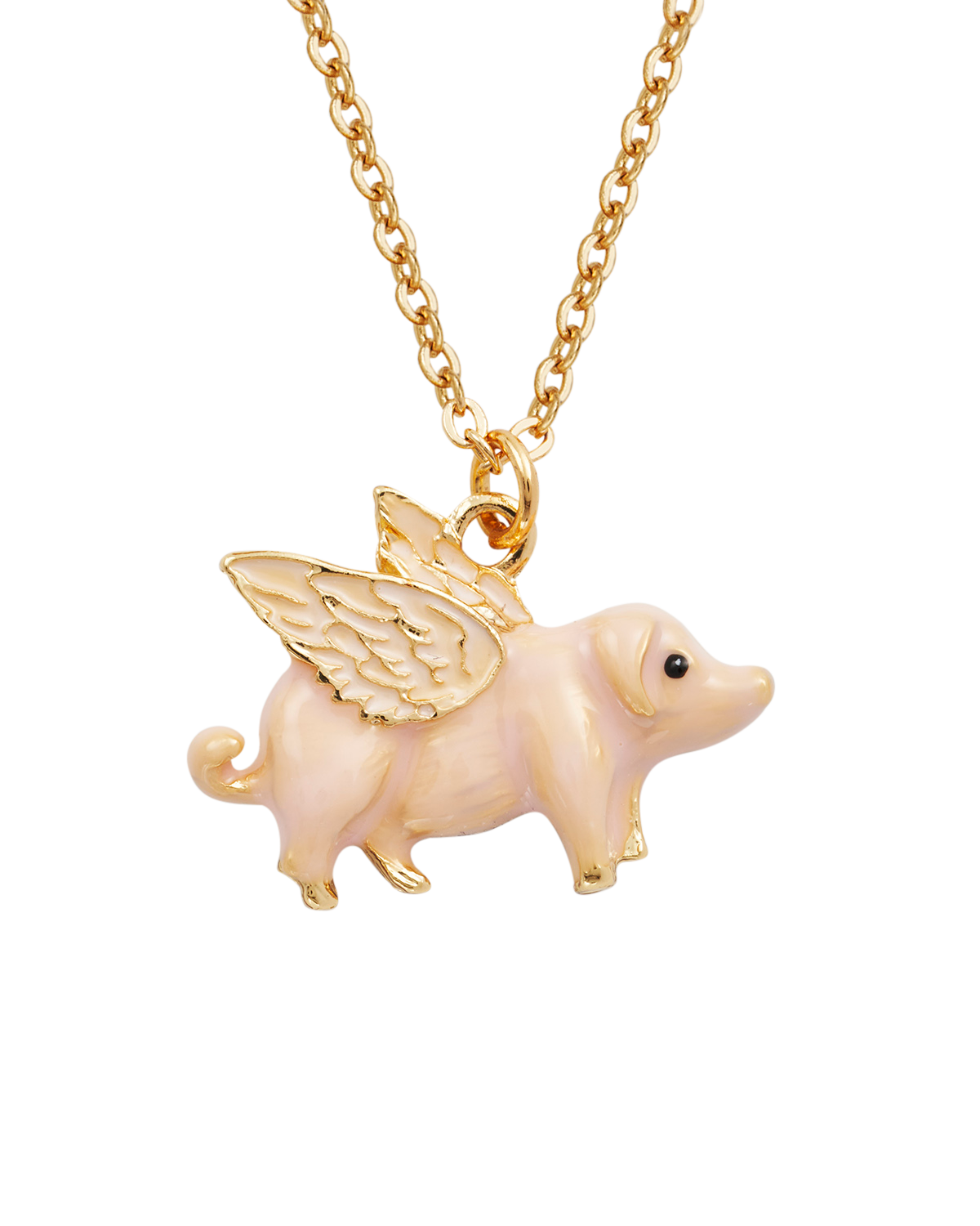 Gold necklace with a pig pendant featuring wings on a white background