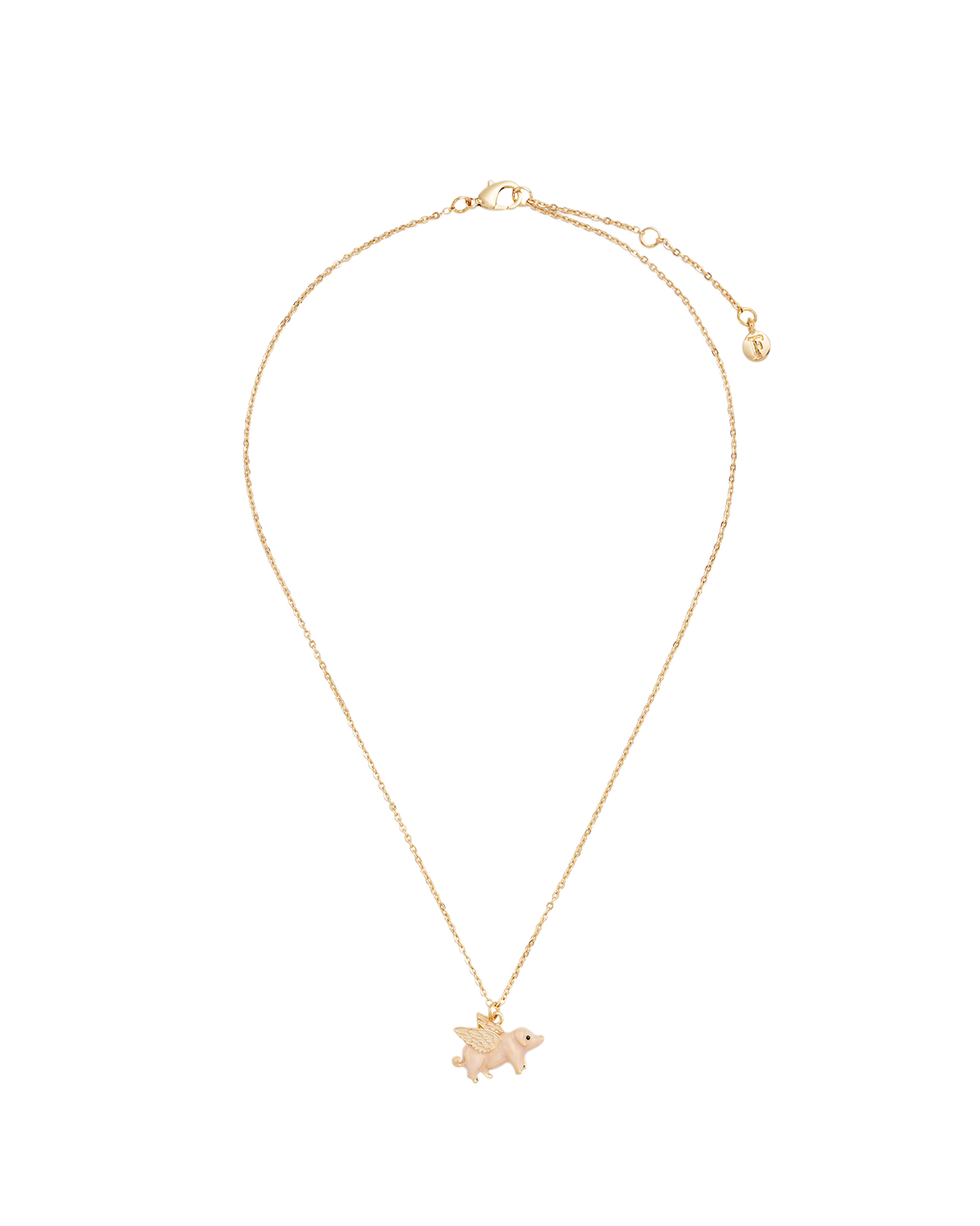 Gold necklace with a ename pink pig pendant on a white background