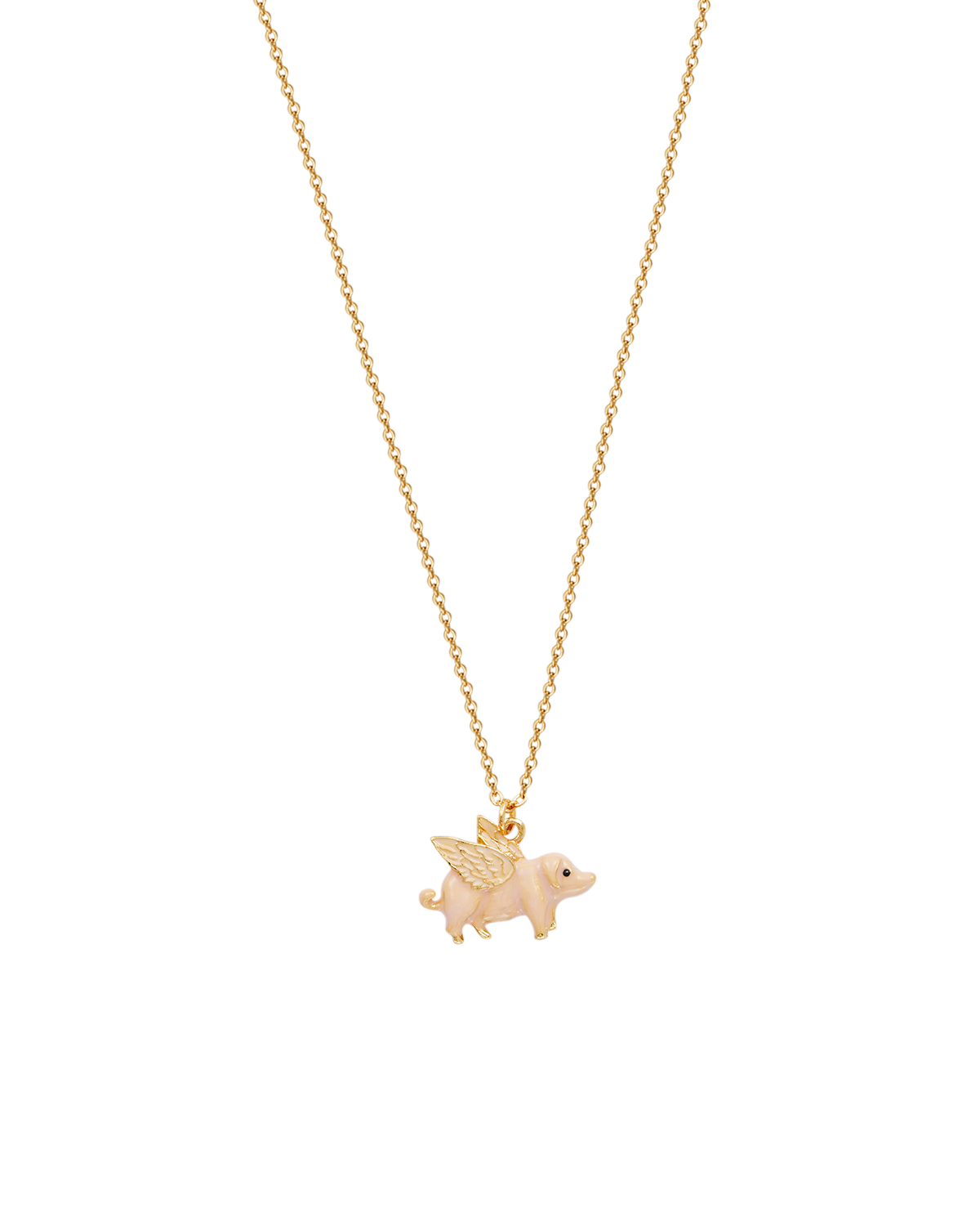 Gold pink enamel flying pig pendant necklace on a white background