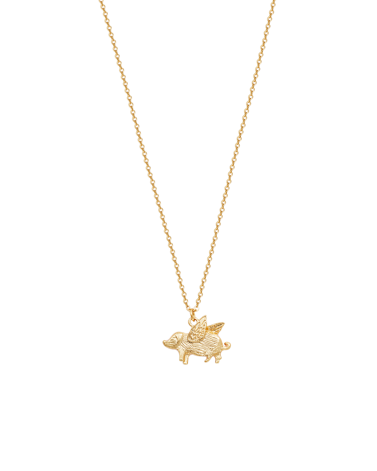 Gold necklace with a enamel pink pig pendant on a white background