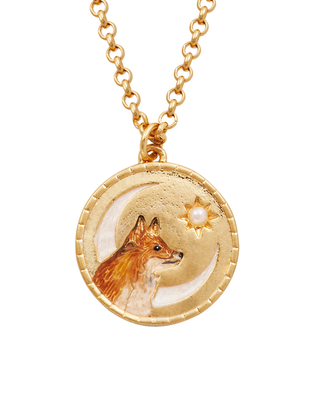 Gold necklace with a pendant featuring a fox design on a white background