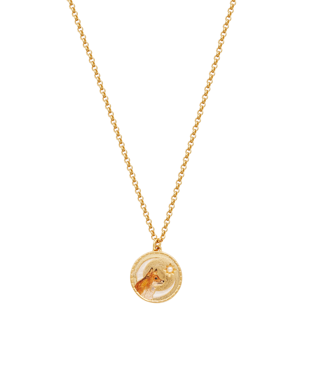 Gold necklace with a round pendant featuring a fox design on a white background