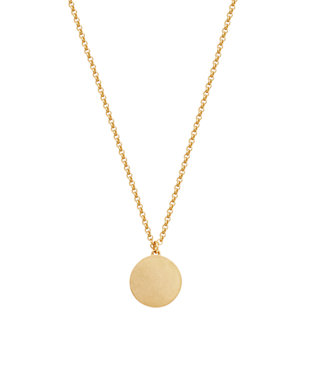 Gold necklace with a round pendant on a white background