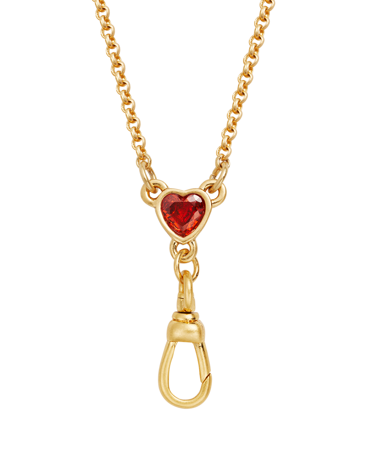 Gold necklace with a heart-shaped gemstone and clasp on a white background