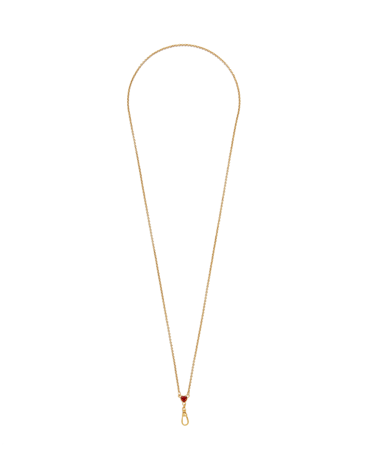 Gold necklace with a small red pendant on a white background