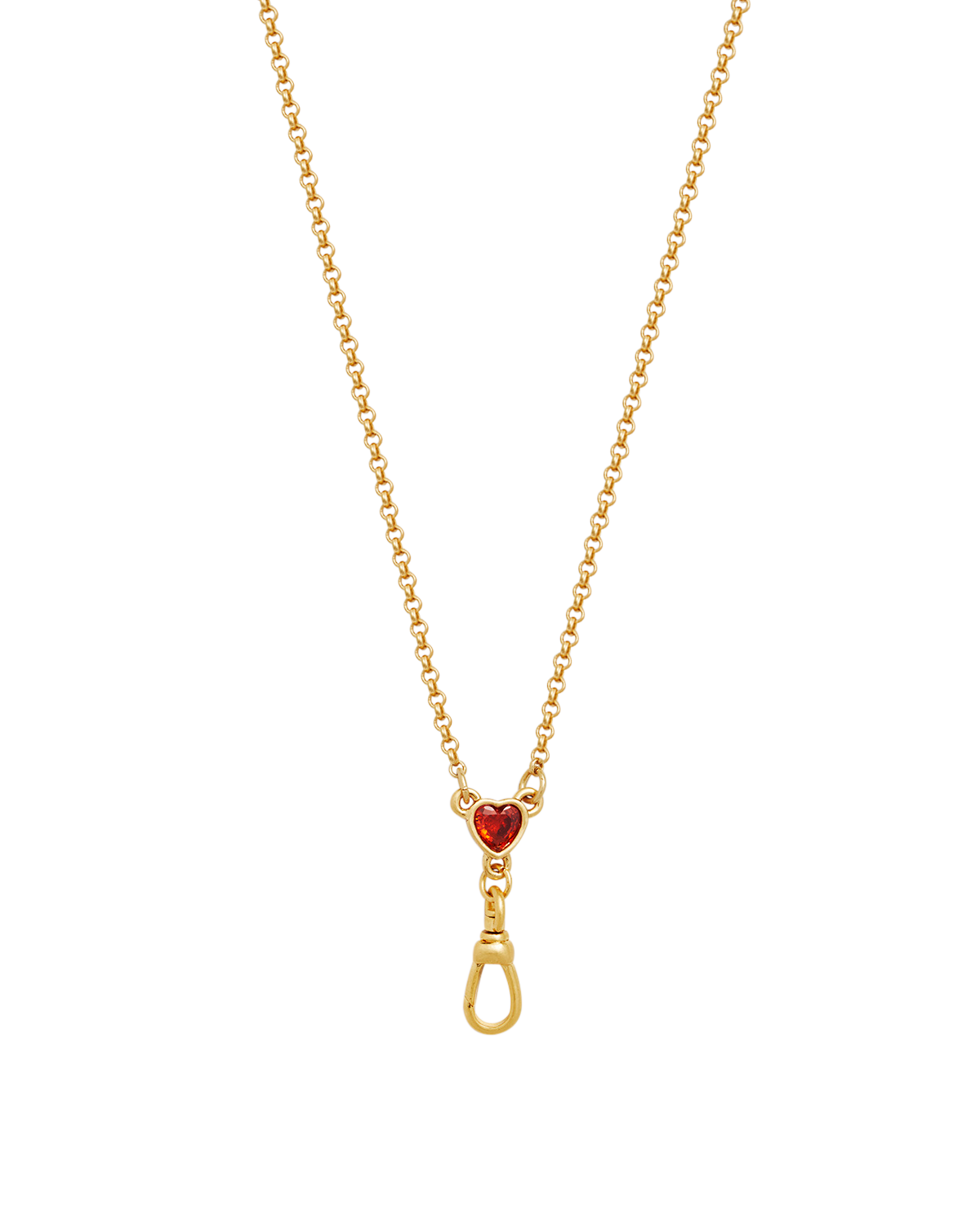 Gold necklace with a red heart pendant on a white background