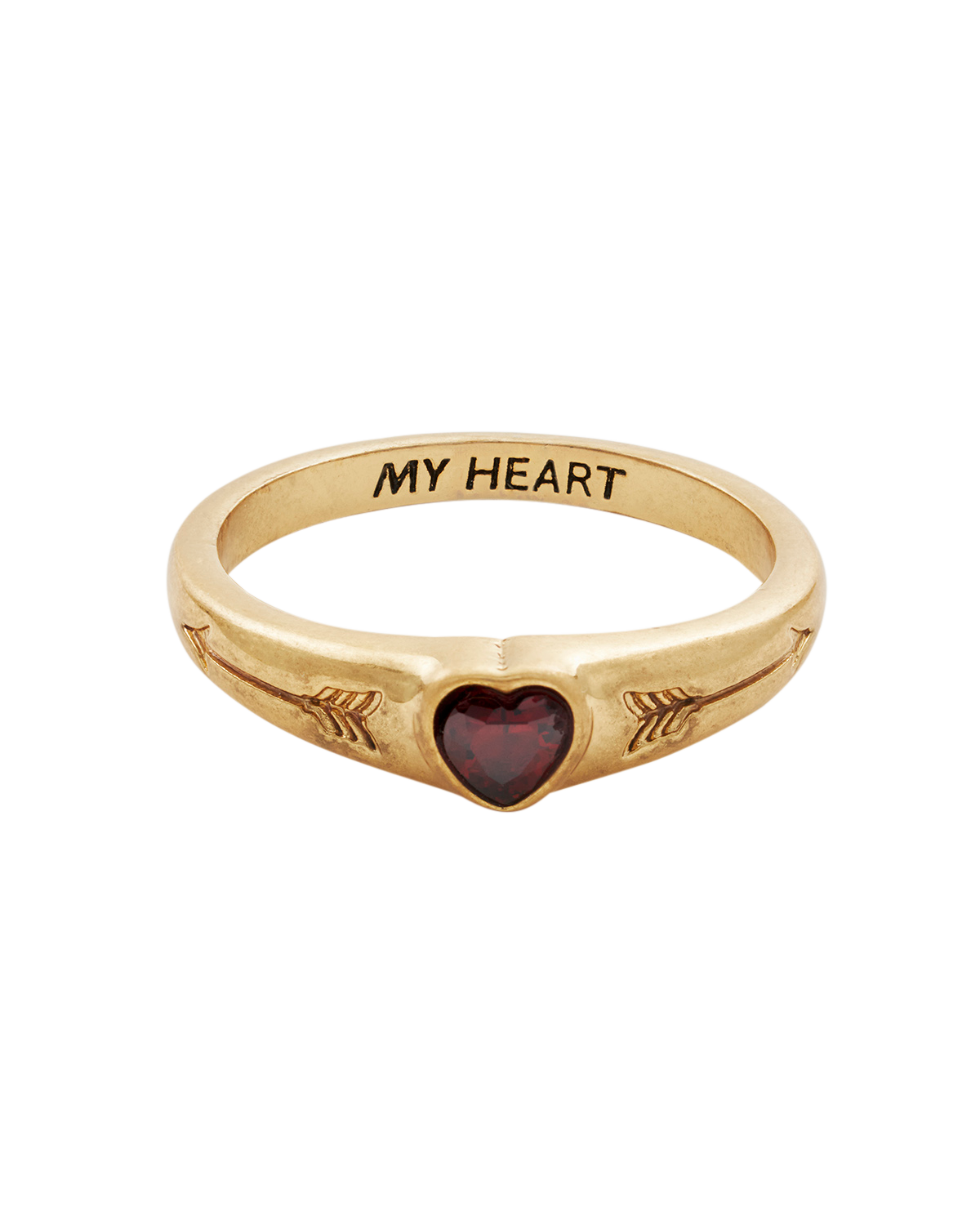 Gold ring with heart and arrow design on a white background