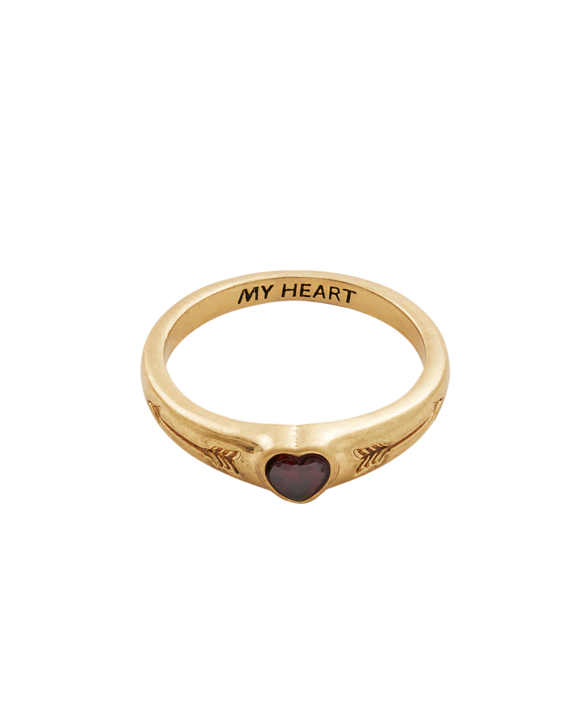 Gold ring with heart design and 'MY HEART' engraving on a white background