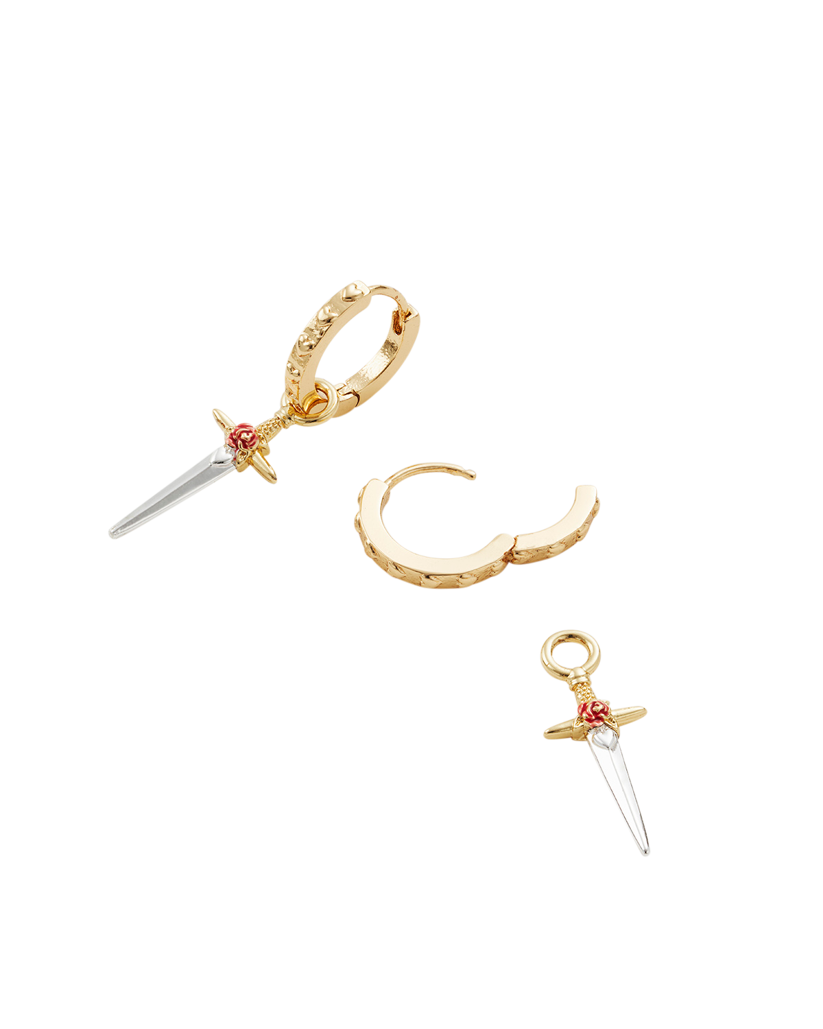 Gold Rose & Dagger Huggie Earrings