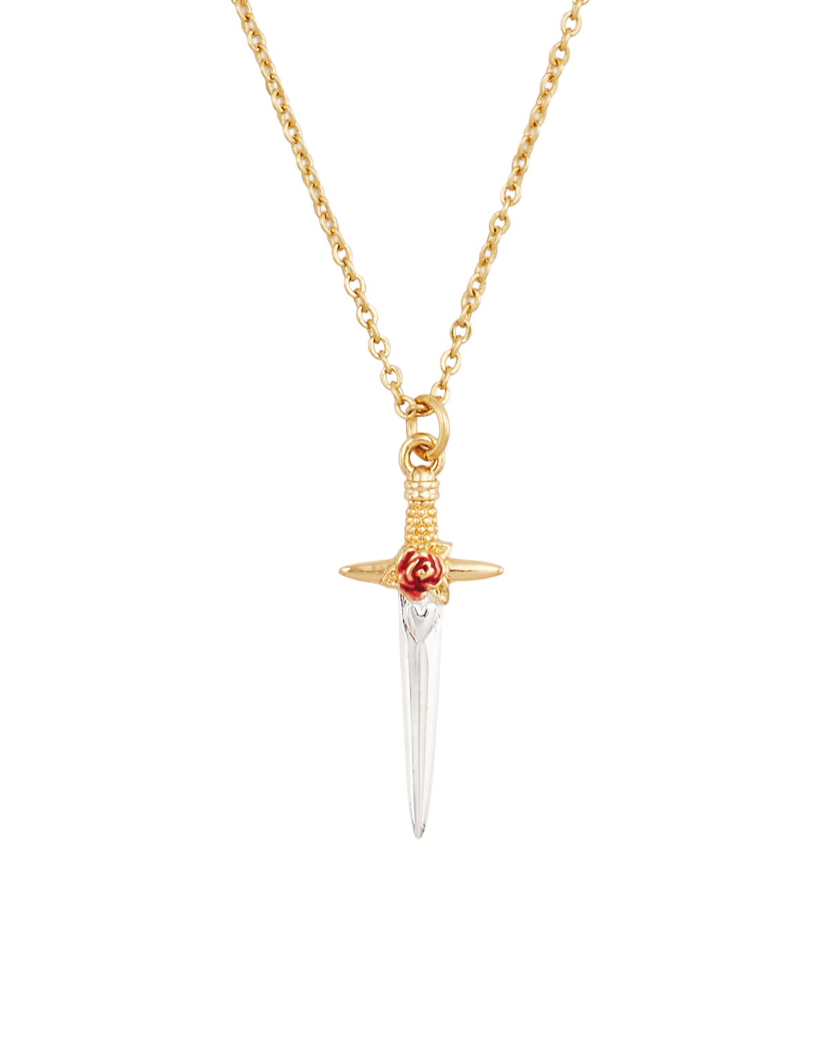 Gold rose and dagger enamel pendant necklace