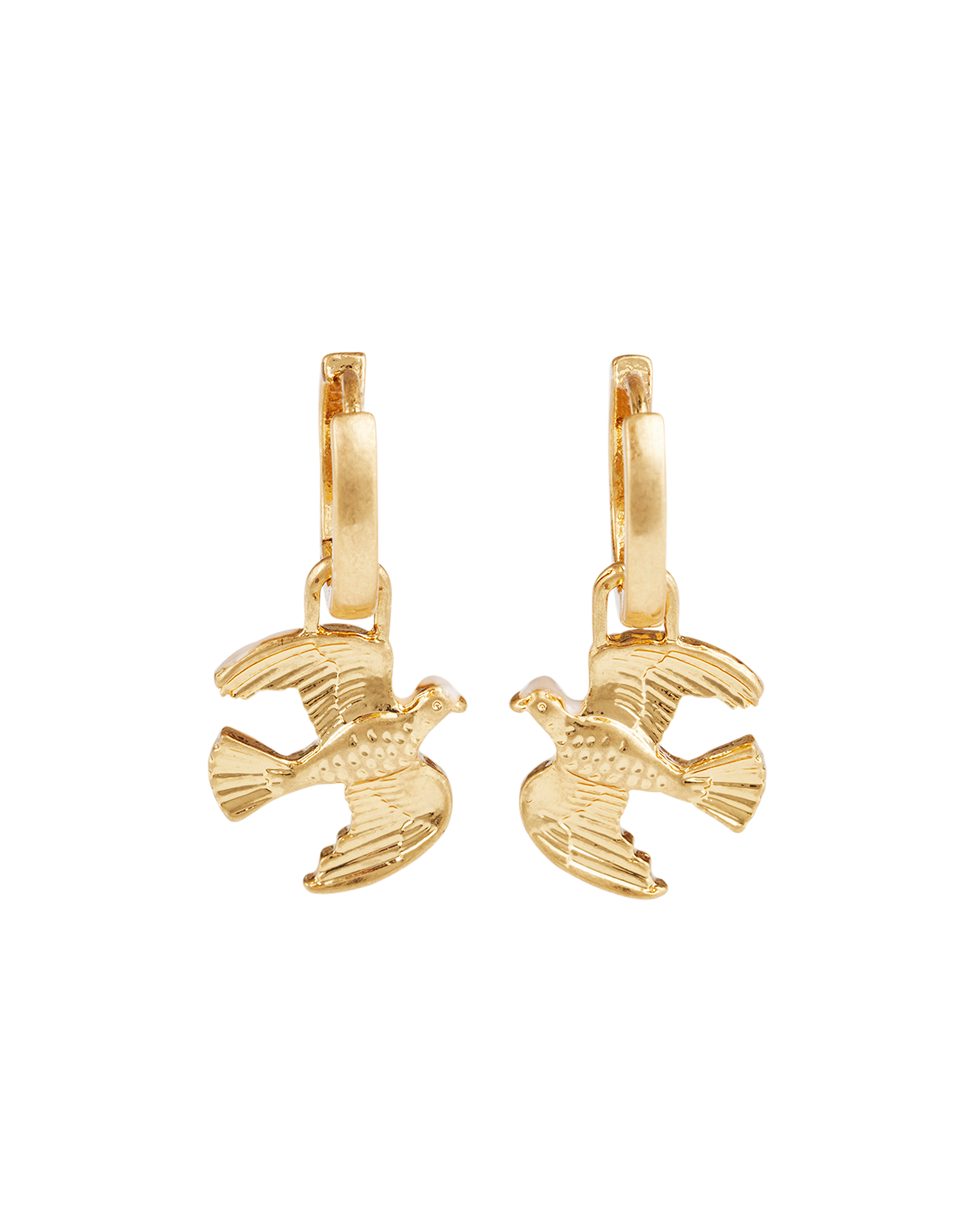 Gold dove-shaped earrings on a white background