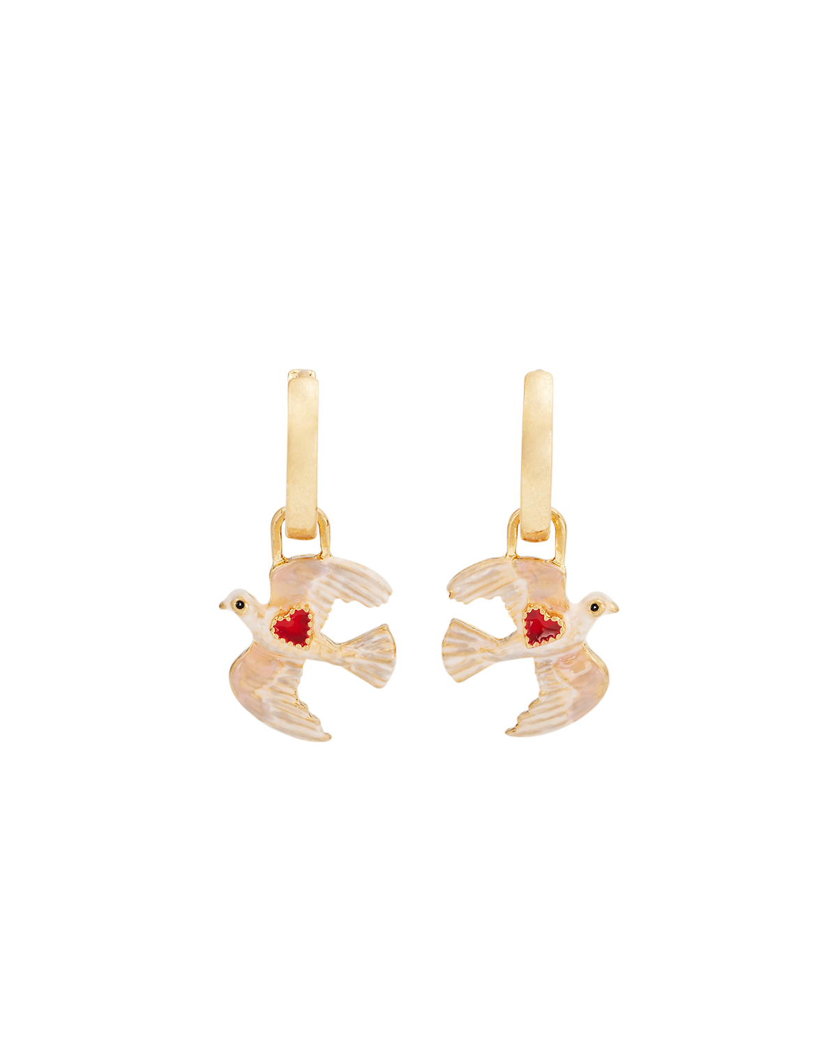 Gold bird-shaped earrings with red heart details on a white background