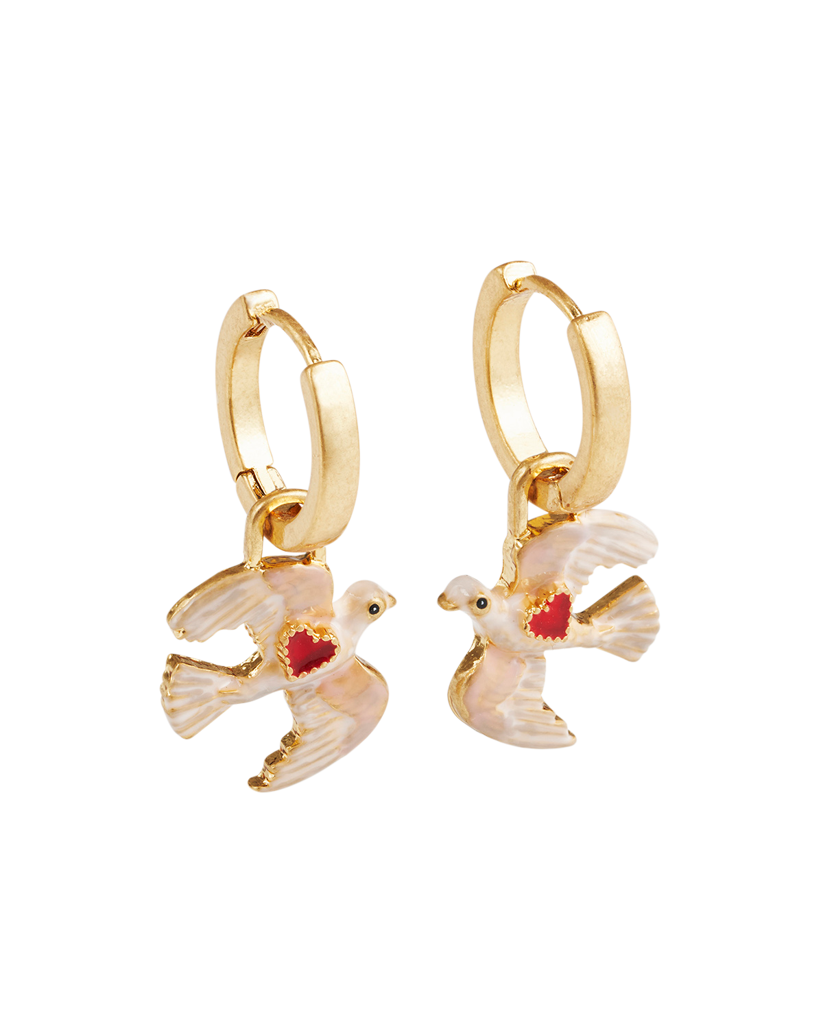 Gold hoop earrings with dove charms on a white background