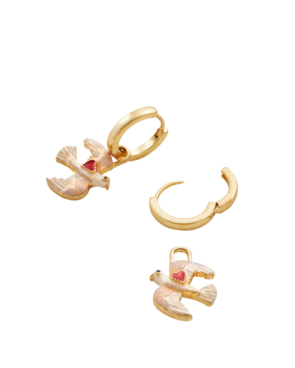 Gold hoop earrings with dove and heart designs on a white background