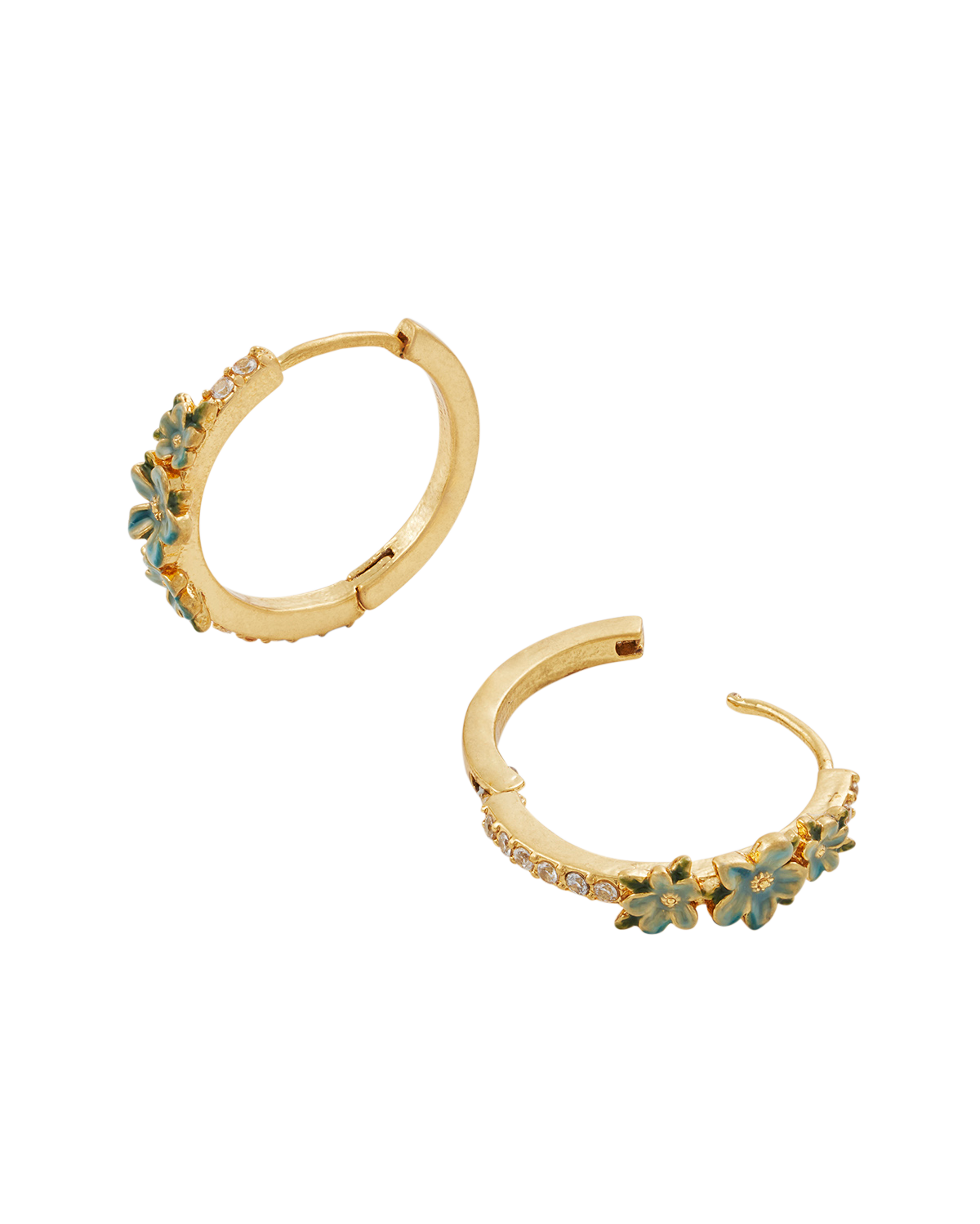 Gold hoop earrings with floral designs on a white background