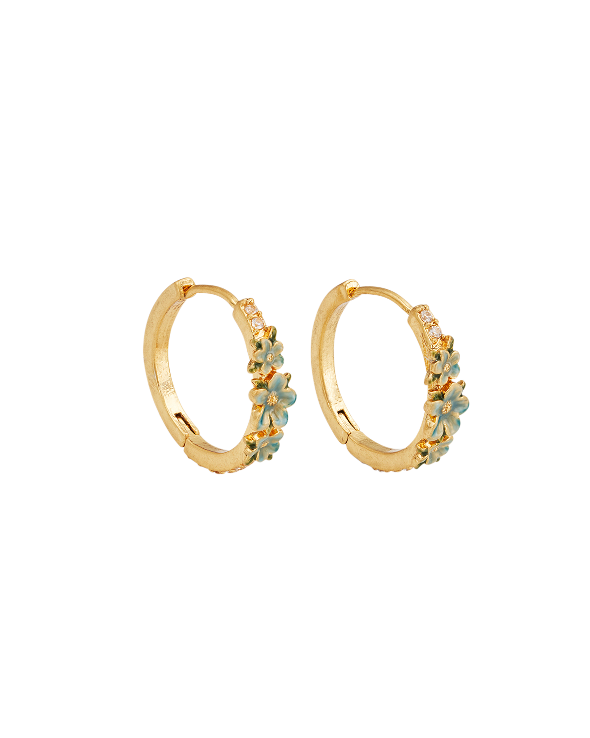 Gold hoop earrings with floral designs on a white background