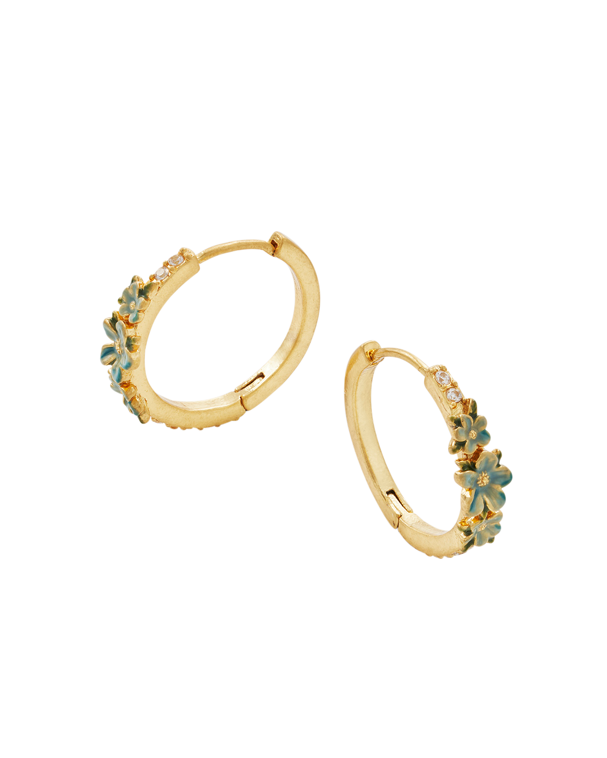 Gold hoop earrings with gemstone accents on a white background