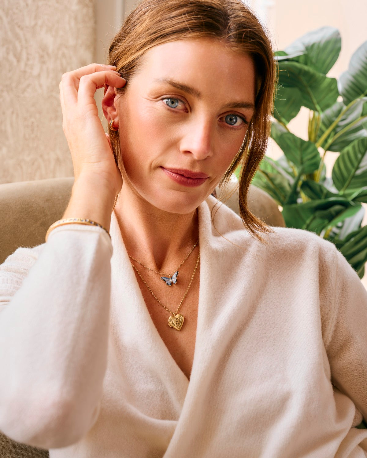 Gold Forget Me Not Heart Locket Necklace and Enamel Blue Butterfly Short Necklace styled