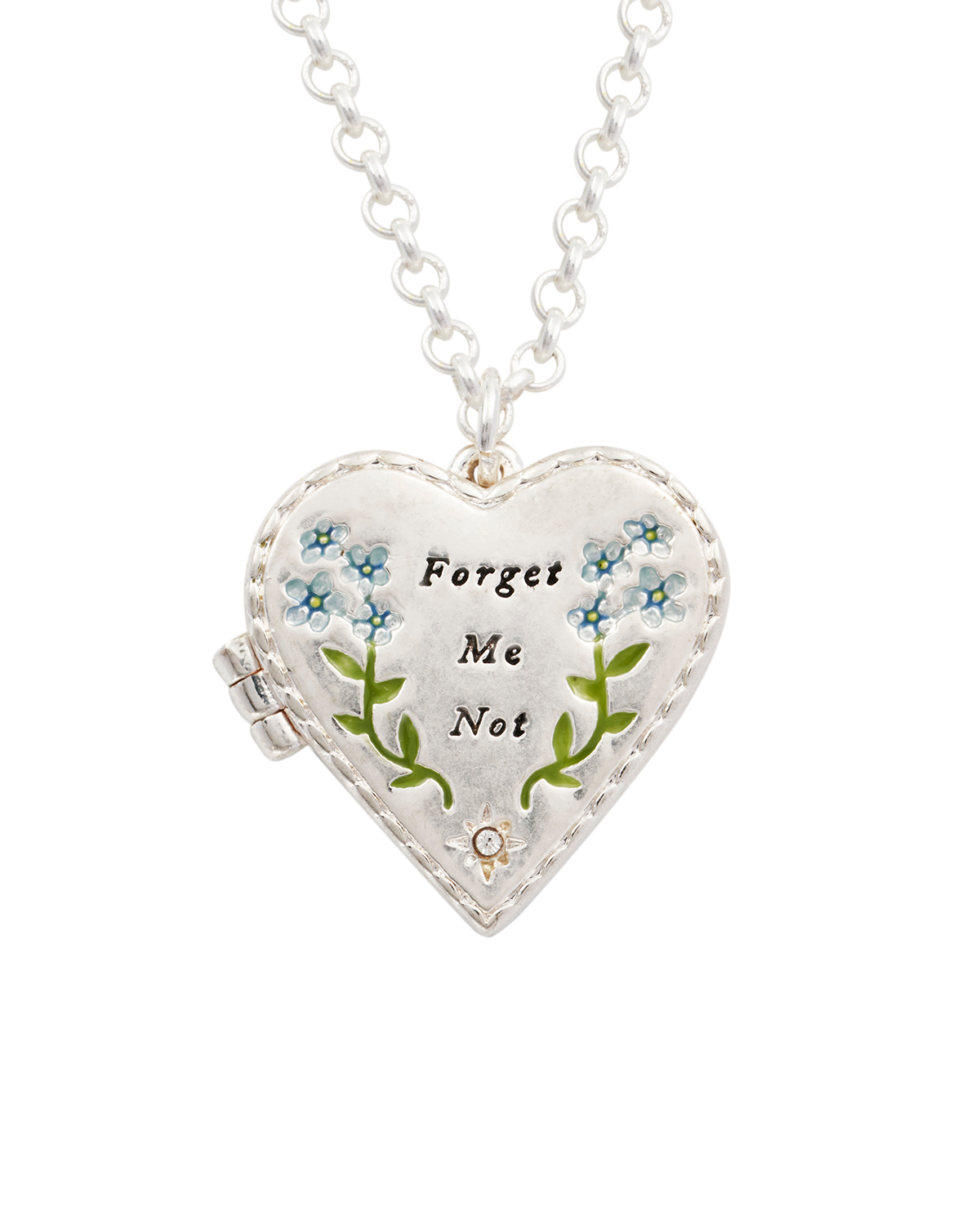 Heart-shaped locket with 'Forget Me Not' text and floral designs on a white background