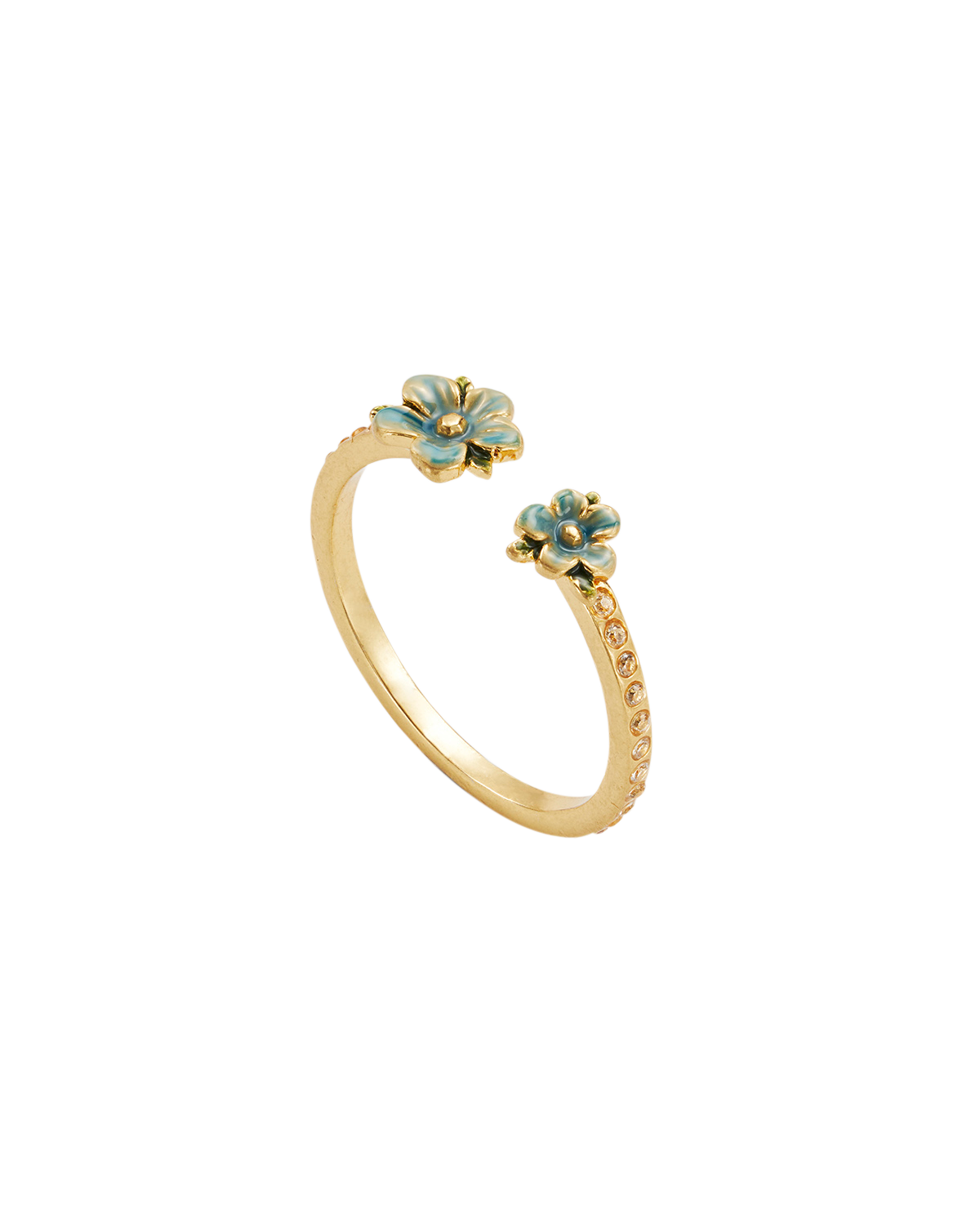 Gold ring with blue floral accents on a white background