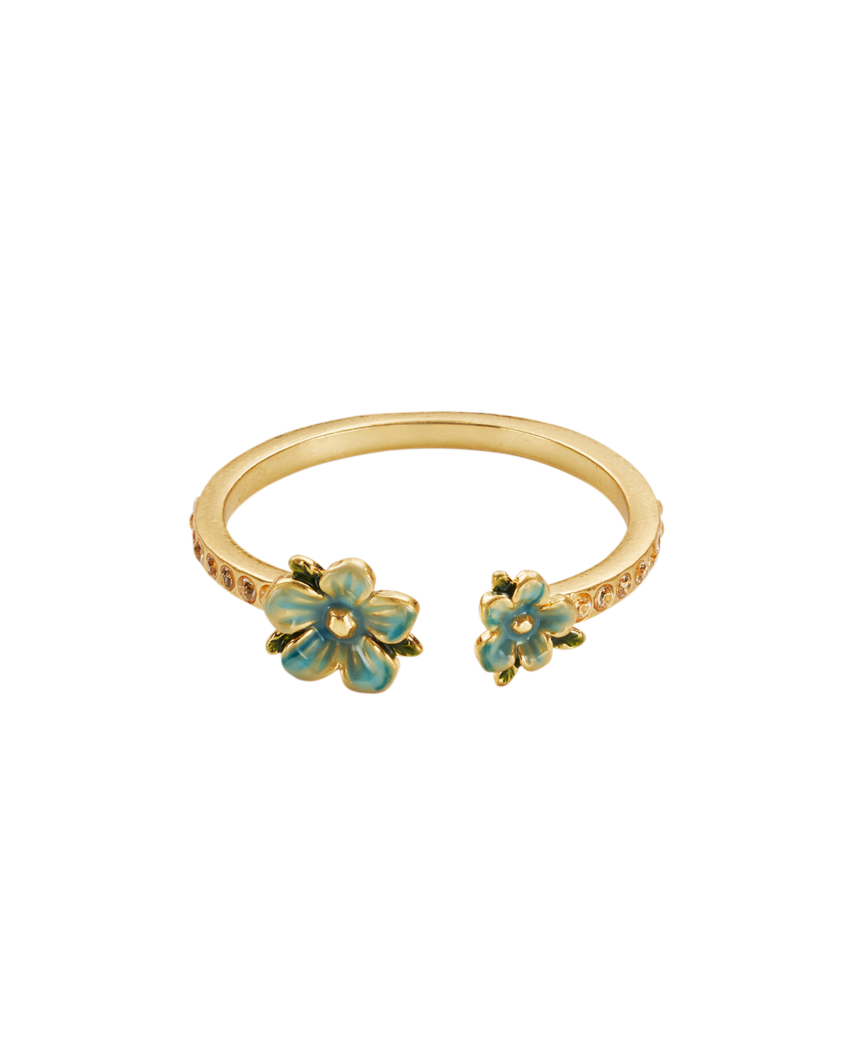 Gold ring with blue flower-shaped stones on a white background