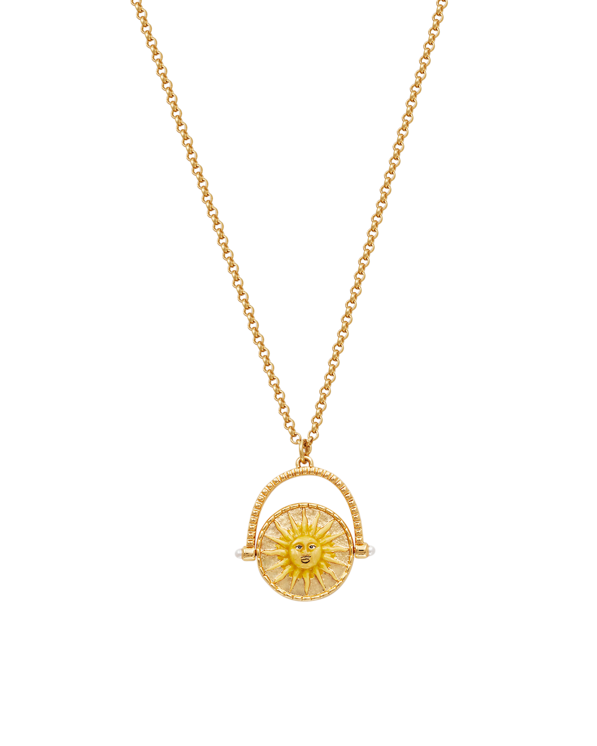 Gold Sun & Moon Spinner Necklace on a white background