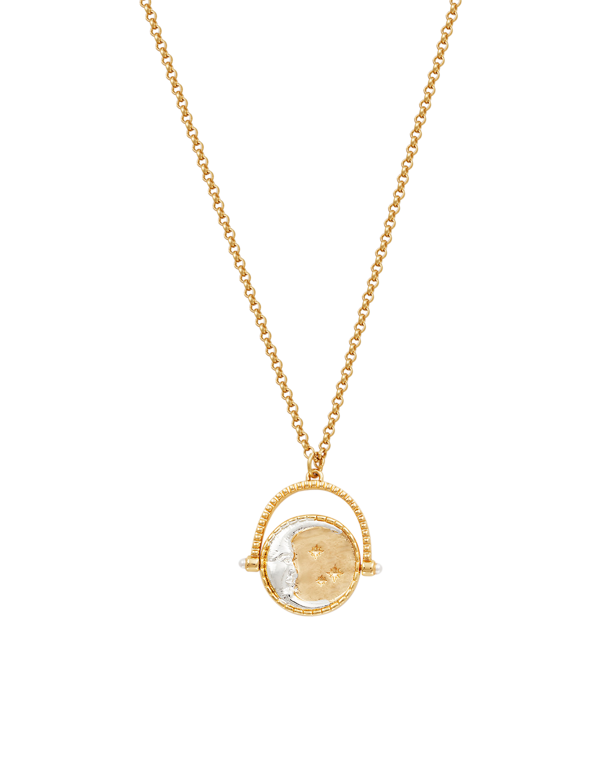 Gold Sun & Moon Spinner Necklace on a white background