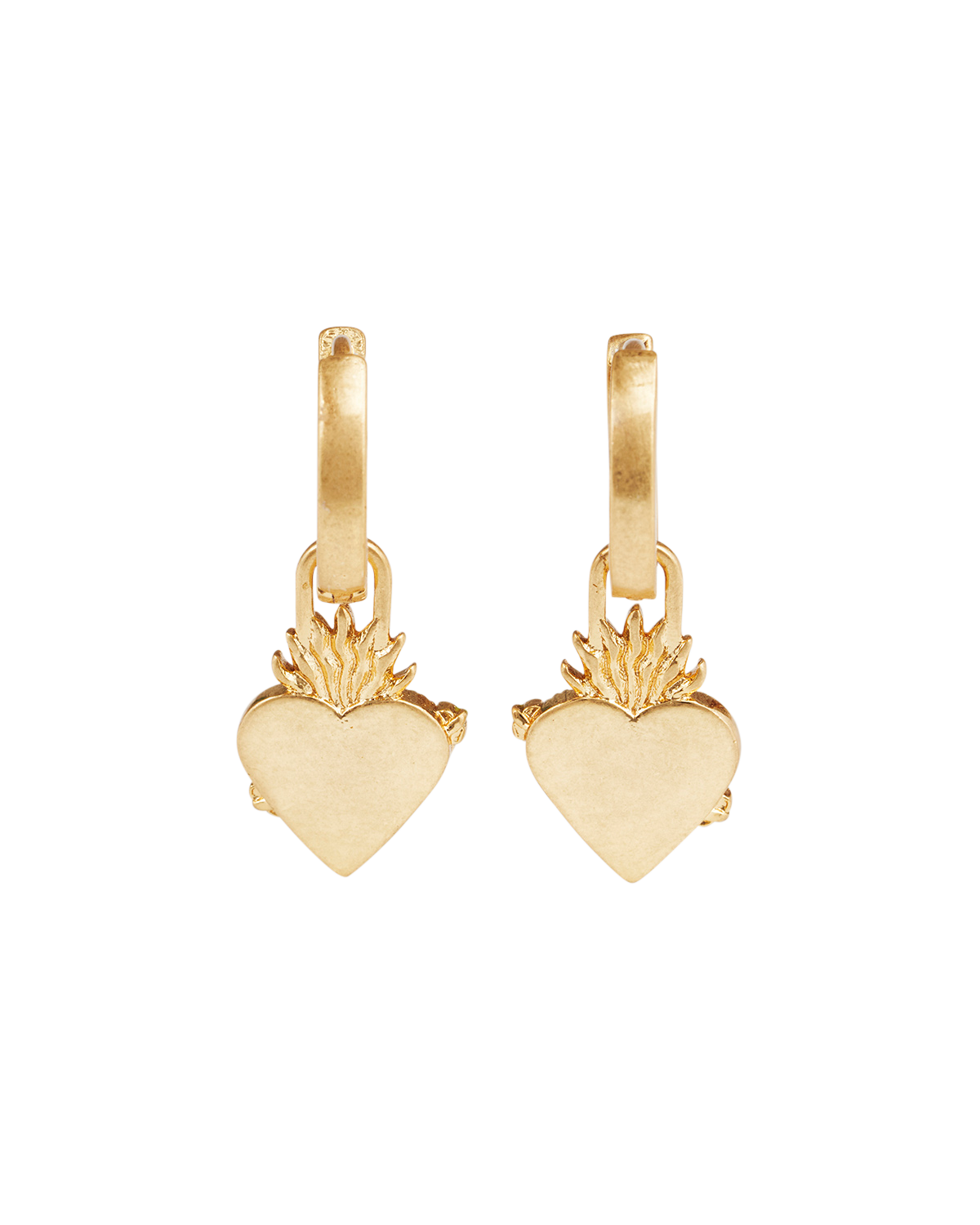 Gold Sacred Heart Huggie Earrings on a white background